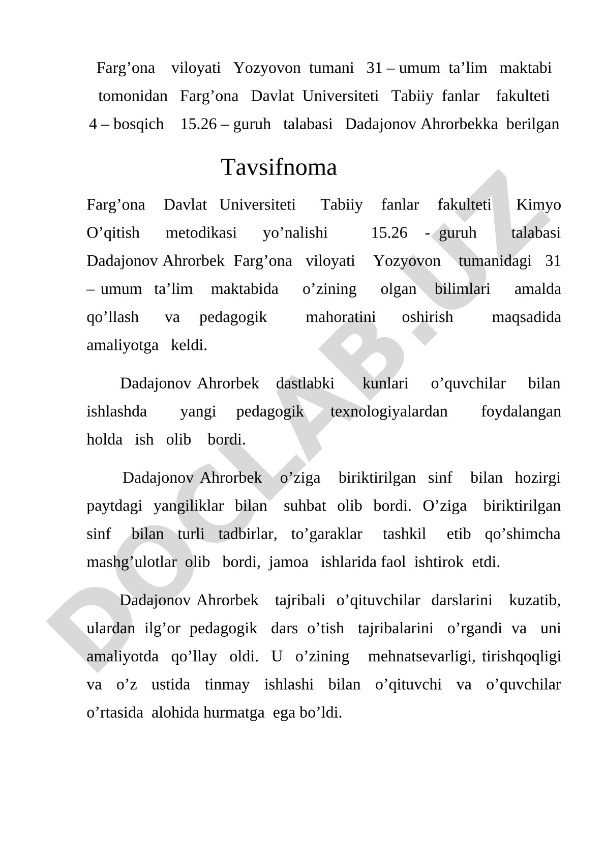 Dadajonov Ahrorbekka berilgan tavsifnoma