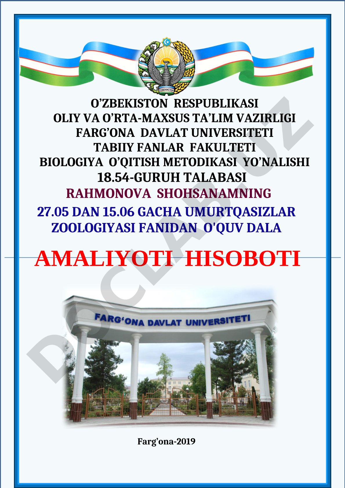 Umurtqasizlar zoologiyasi fanidan o'quv dala amaliyoti hisoboti