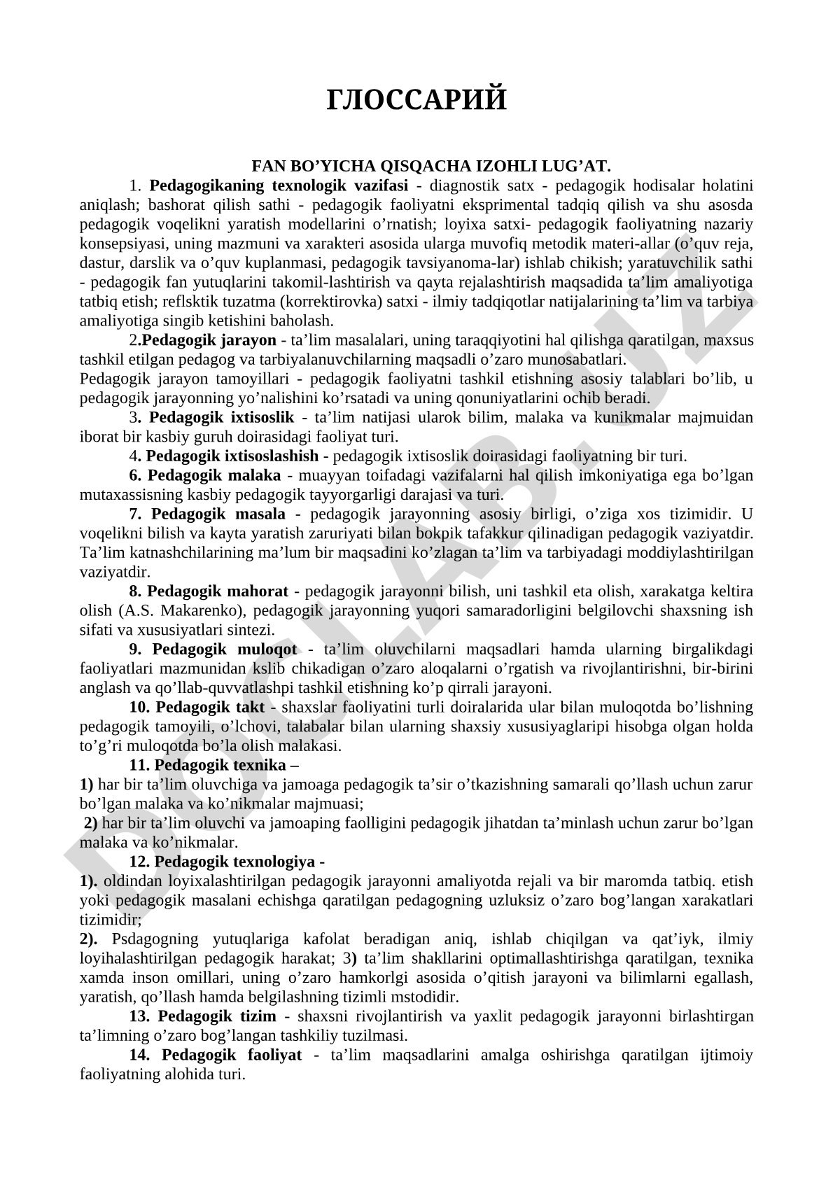 Pedagogika fanidan glossariy