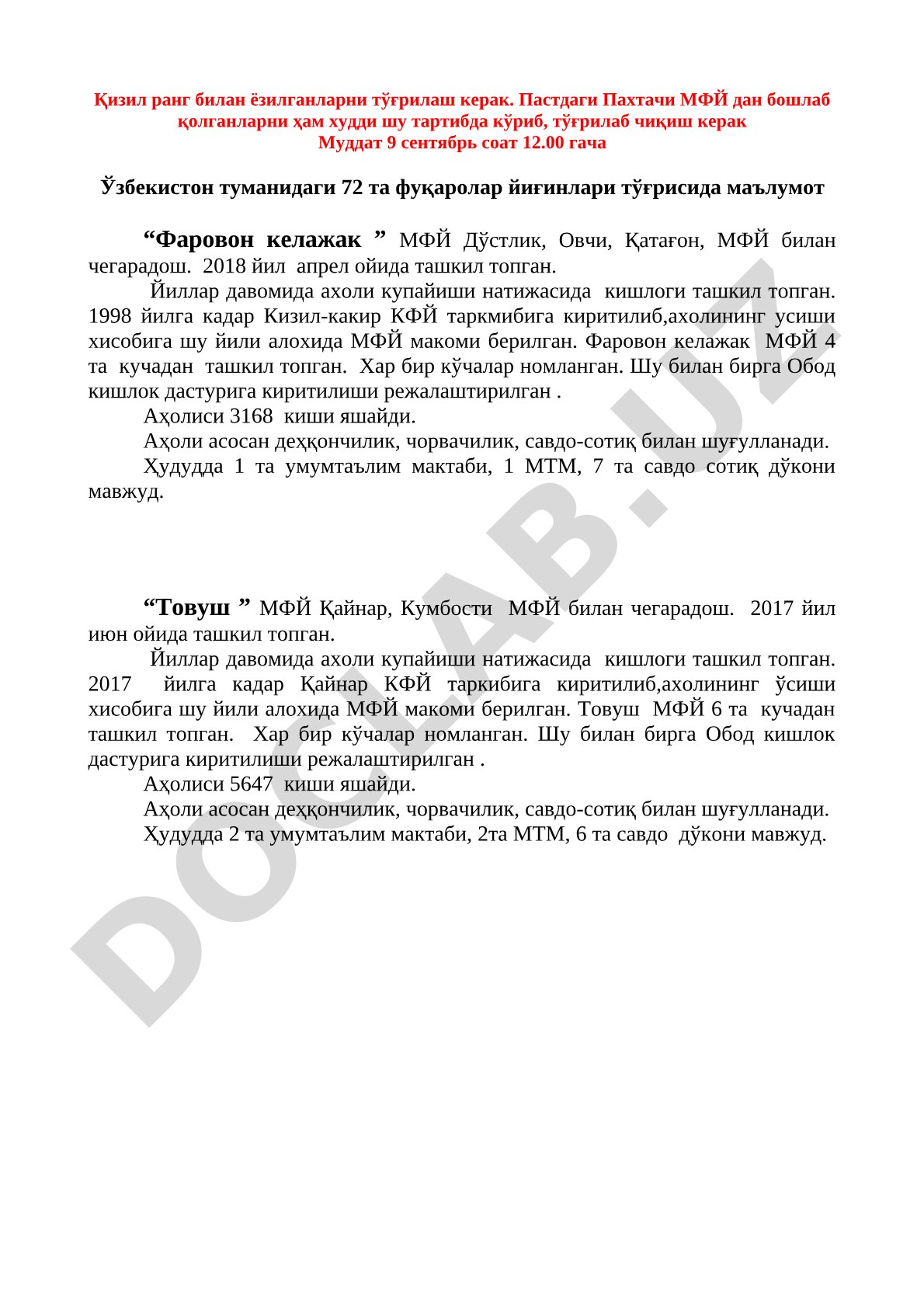 Ўзбекистон туманидаги фуқаролар йиғинлари тўғрисида маълумот