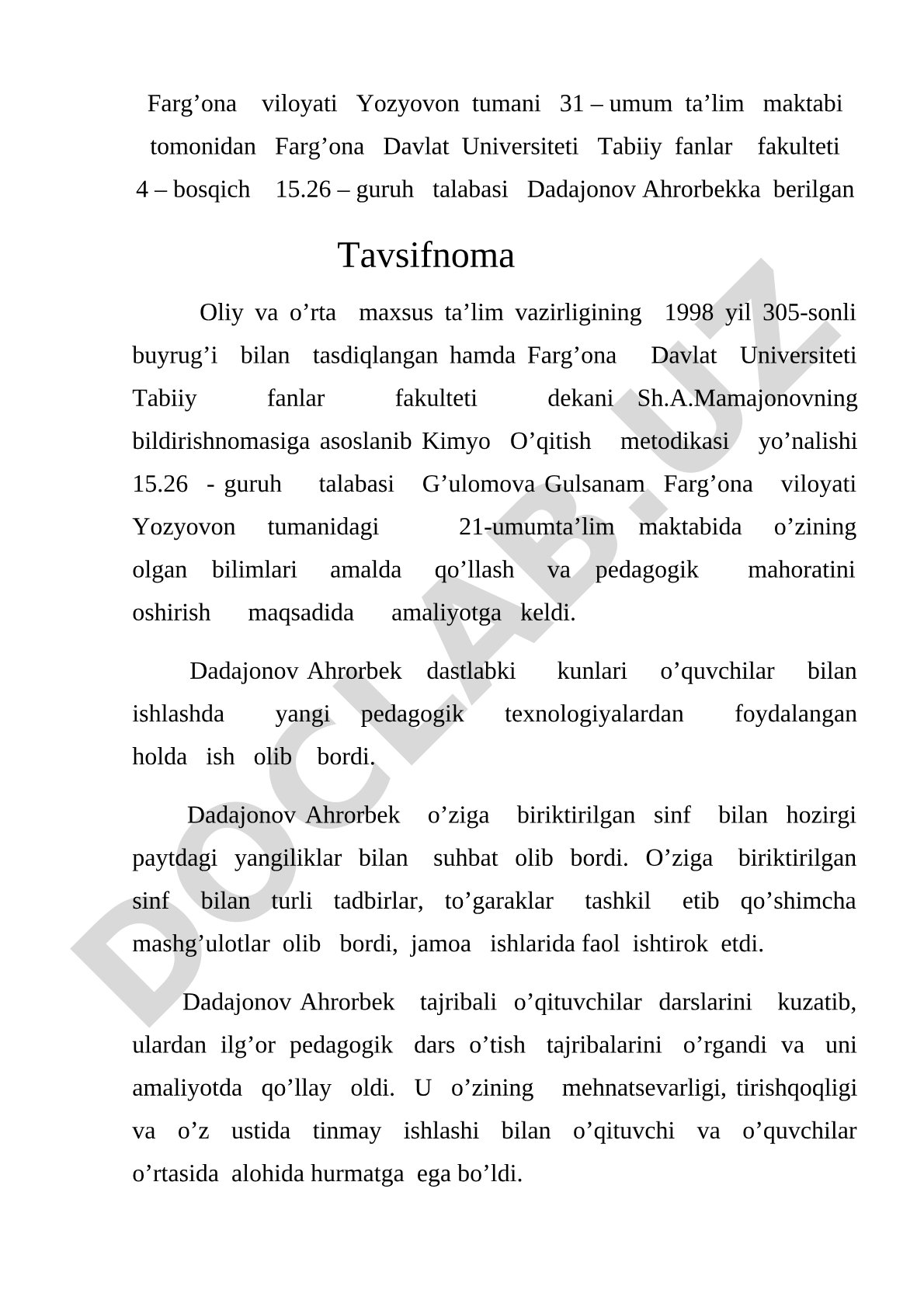 Dadajonov Ahrorbekka berilgan tavsifnoma