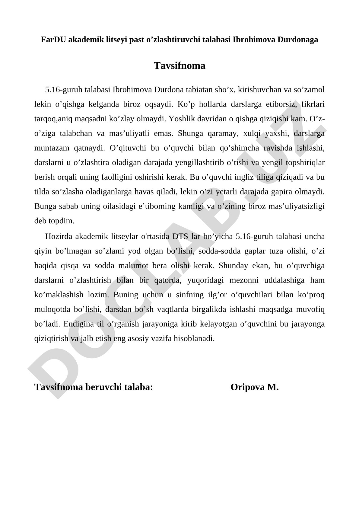 Ibrohimova Durdona tavsifnoma