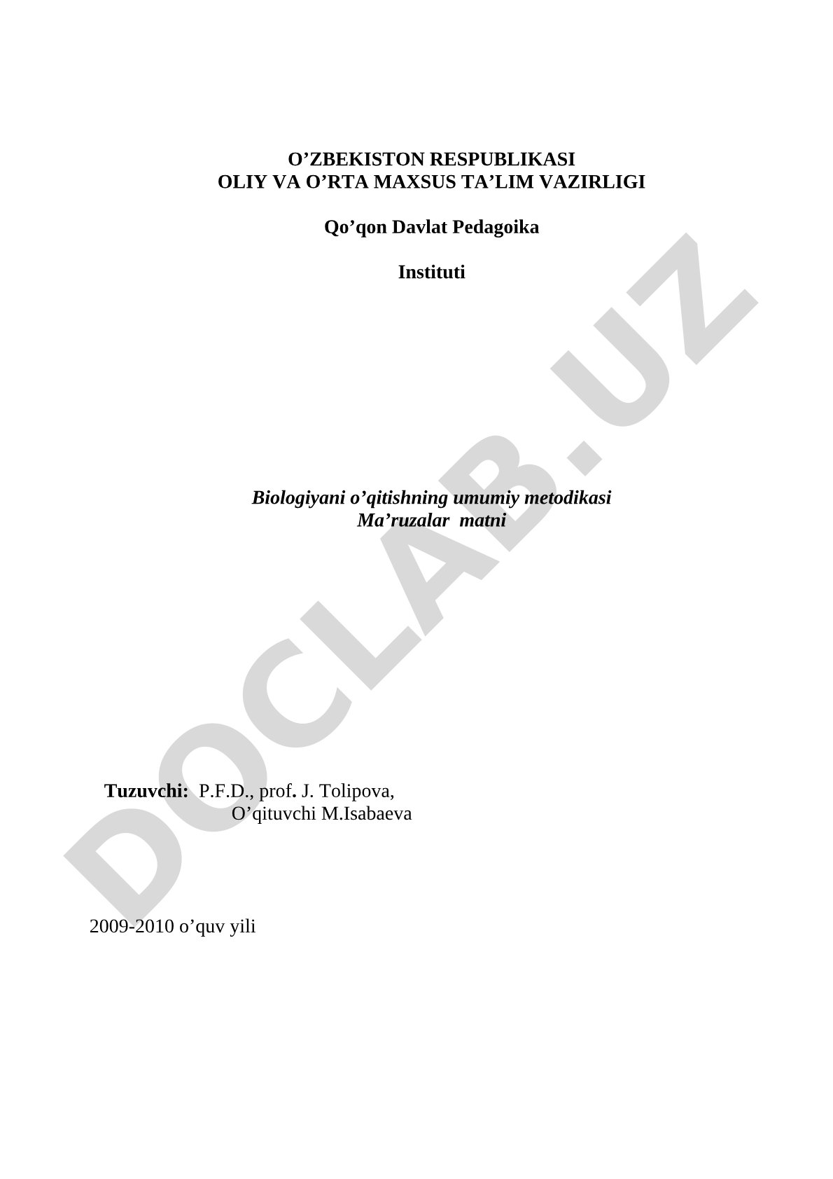 Biologiyani o'qitishning umumiy metodikasi ma'ruzalar matni