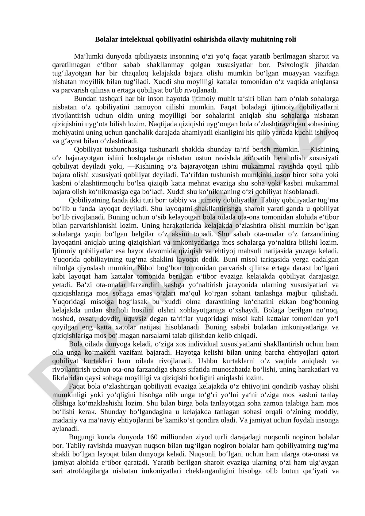 Bolalar intelektual qobiliyatini oshirishda oilaviy muhitning roli
