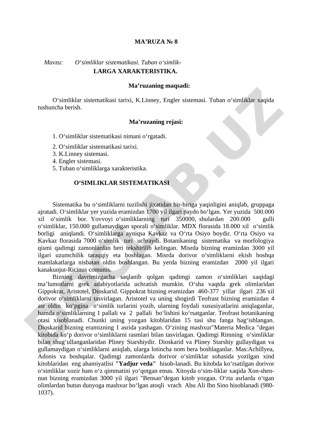 O'simliklar sistematikasi. Tuban o'simliklarga xarakteristika