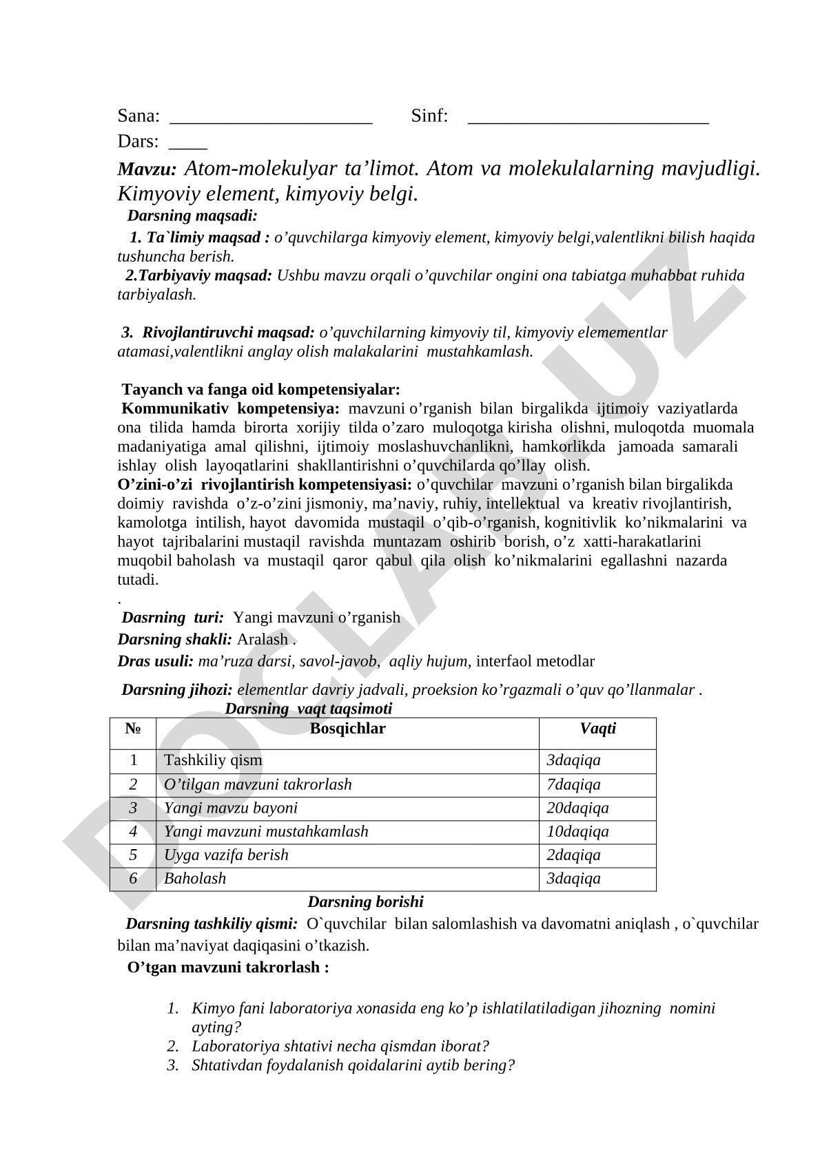 Atom-molekulyar ta’limot. Atom va molekulalarning mavjudligi. Kimyoviy element, kimyoviy belgi