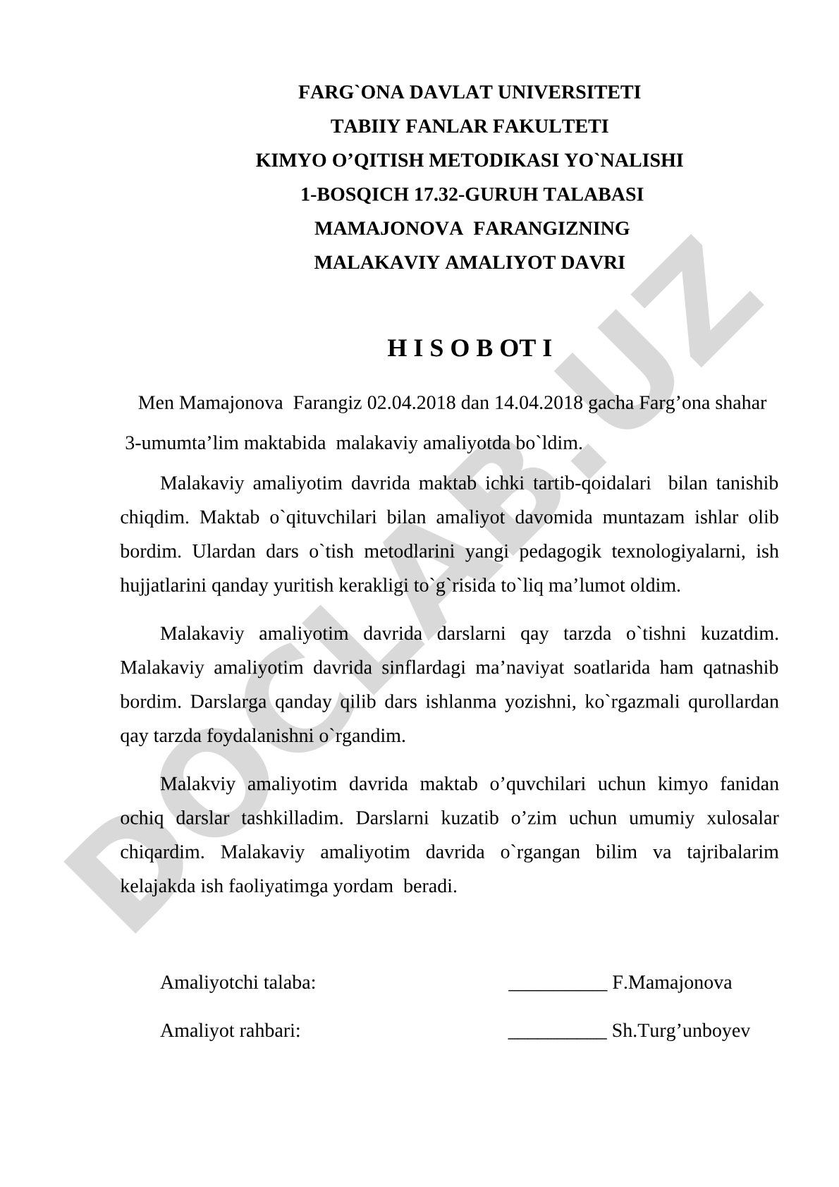 Malakaviy amaliyot hisoboti