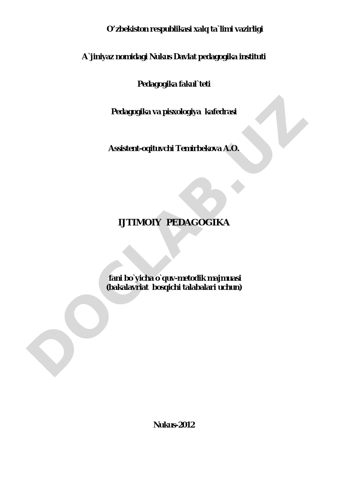 Ijtimoiy pedagogika fanidan o'quv-metodik majmua