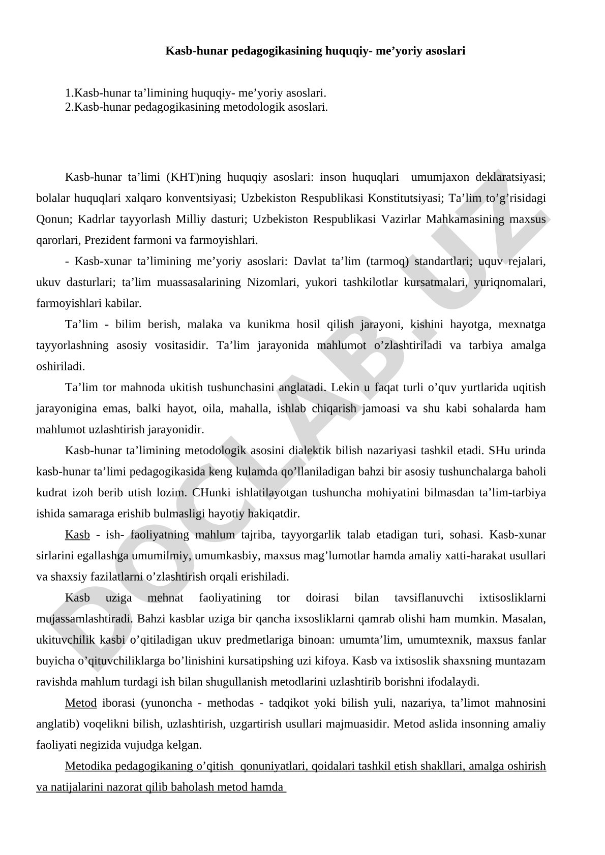 Kasb-hunar pedagogikasining huquqiy-me'yoriy asoslari