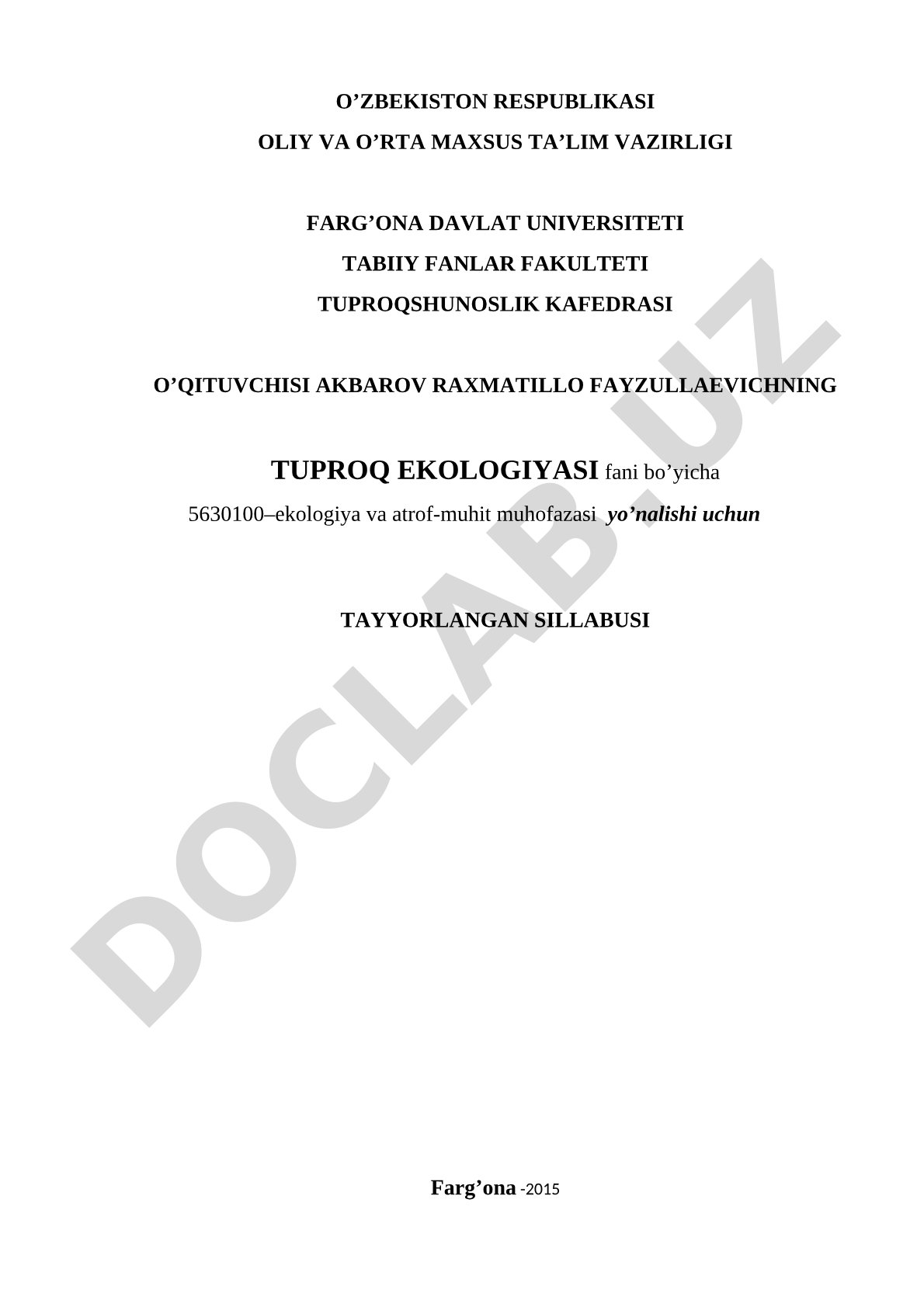 Tuproq ekologiyasi fanidan sillabus