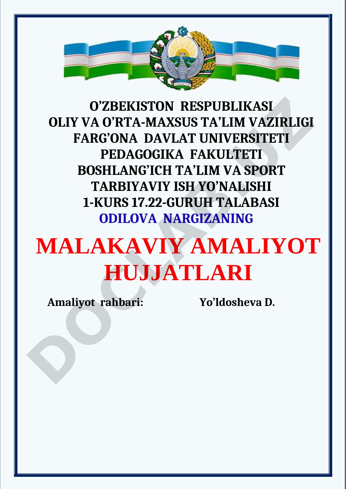 Maktabgacha ta'lim muassasasi tarbiyachisi amaliyot hujjatlari to'plami
