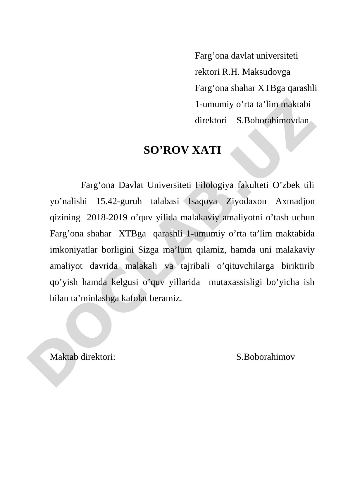 Isaqova Ziyodaxonning malakaviy amaliyoti uchun so'rov xati