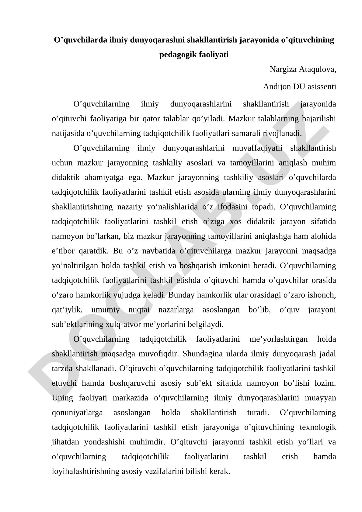 O'quvchilarda ilmiy dunyoqarashni shakllantirish jarayonida o'qituvchining pedagogik faoliyati