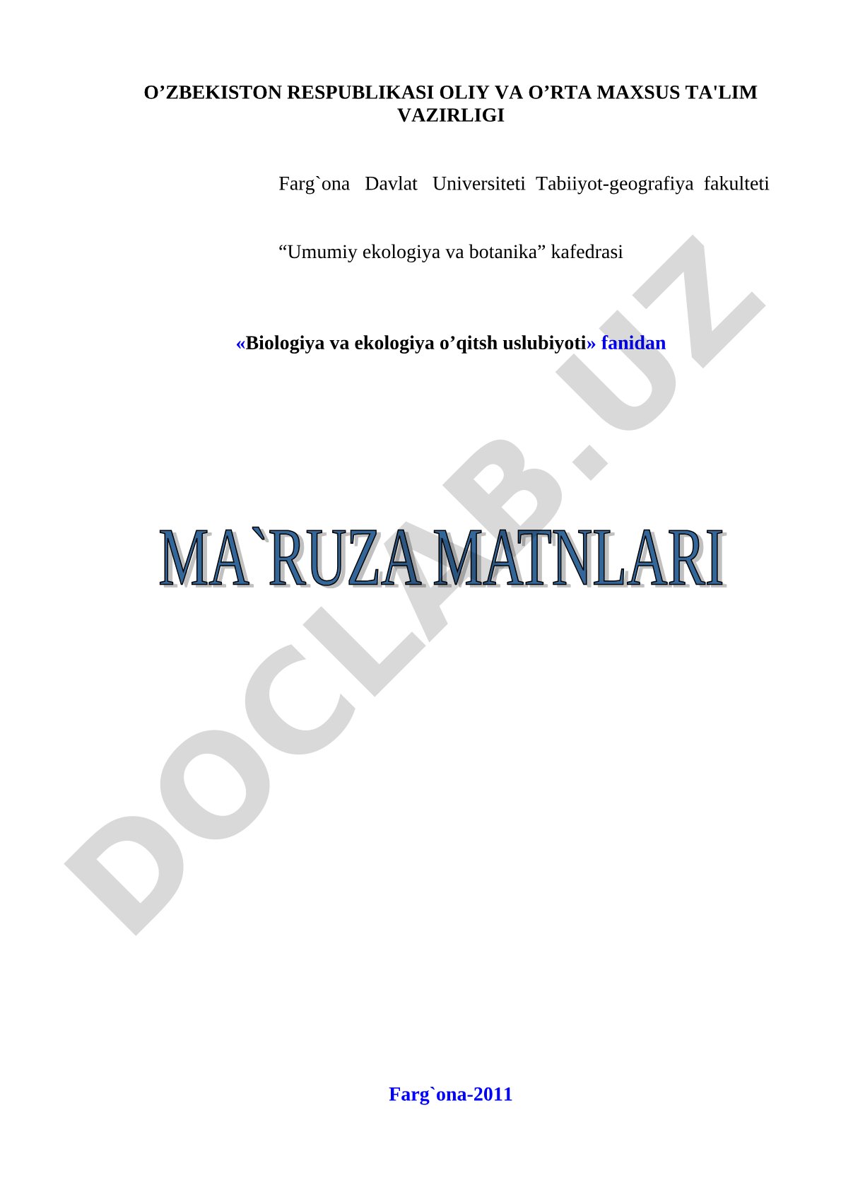 Biologiya va ekologiya o'qitish metodikasi fanidan kirish mavzusi