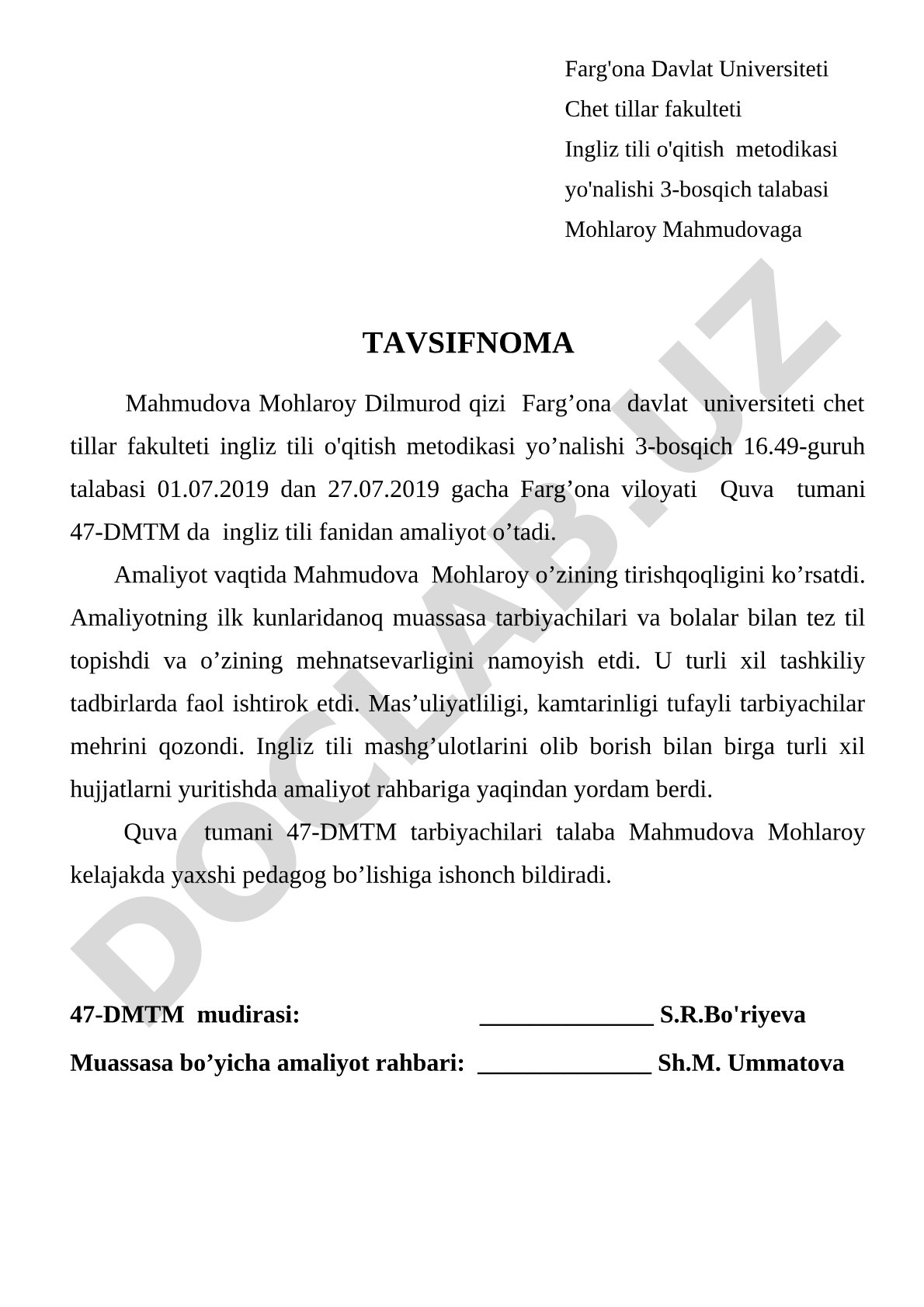 Mahmudova Mohlaroy Dilmurod qiziga tavsifnoma