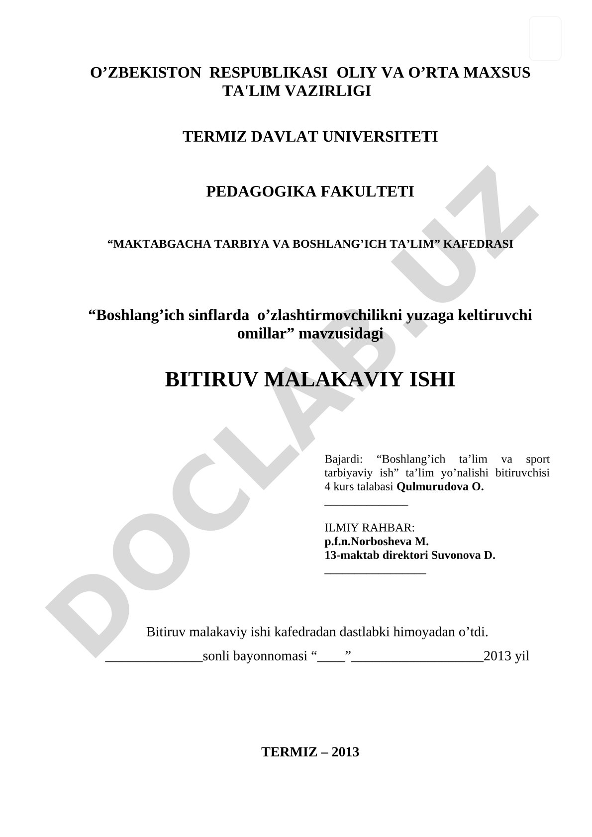 Boshlang'ich sinflarda o'zlashtirmovchilikni yuzaga keltiruvchi omillar