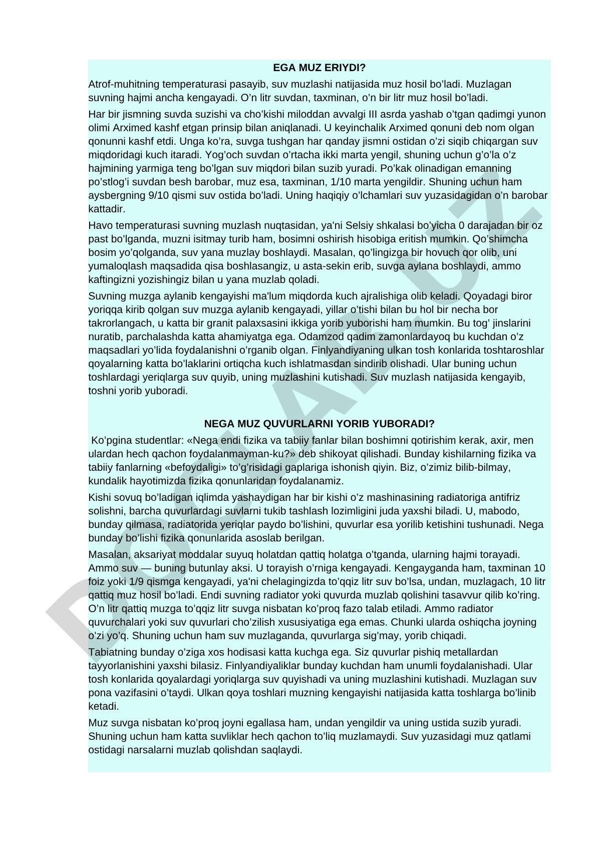 Muzning suvda suzishi va Arximed qonuni