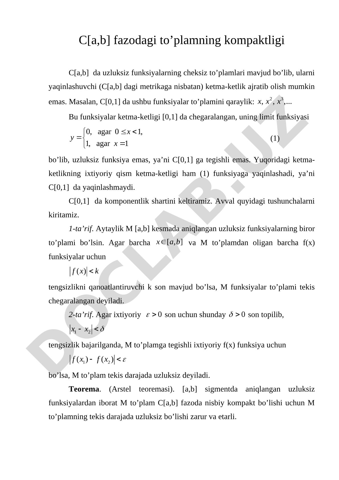 C[a,b] fazodagi to’plamning kompaktligi
