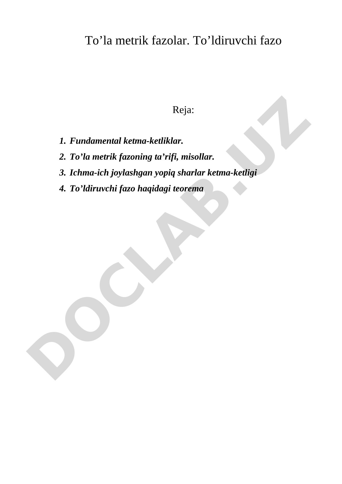 To’la metrik fazolar va to’ldiruvchi fazo