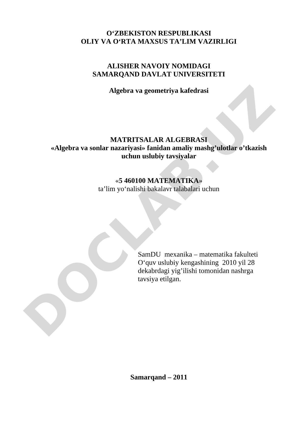 Matrisalar algebrasi fanidan amaliy mashg'ulotlar o'tkazish uchun uslubiy tavsiyalar