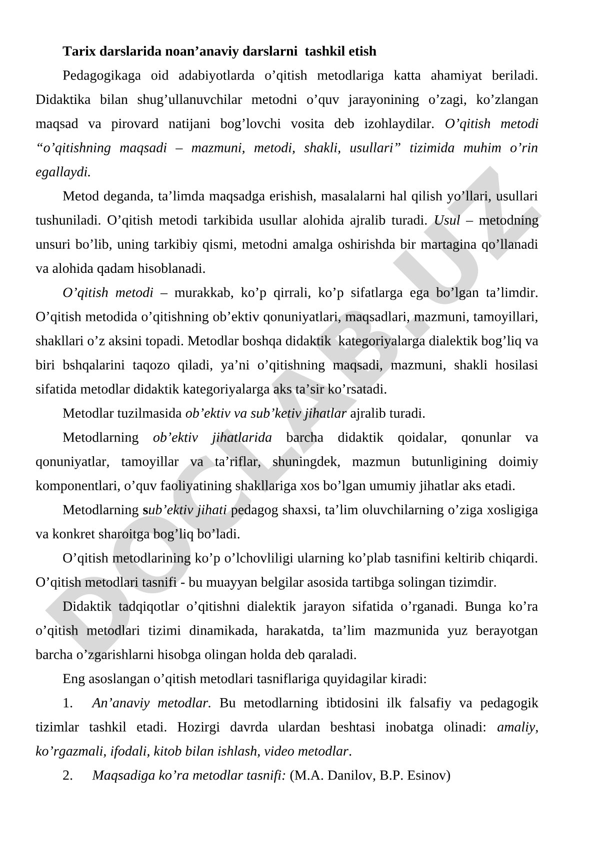 Tarix darslarida noan'anaviy darslarni tashkil etish