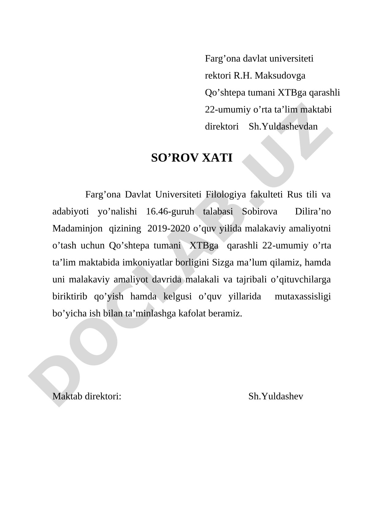 So'rov xati: malakaviy amaliyot o'tash uchun ruxsat
