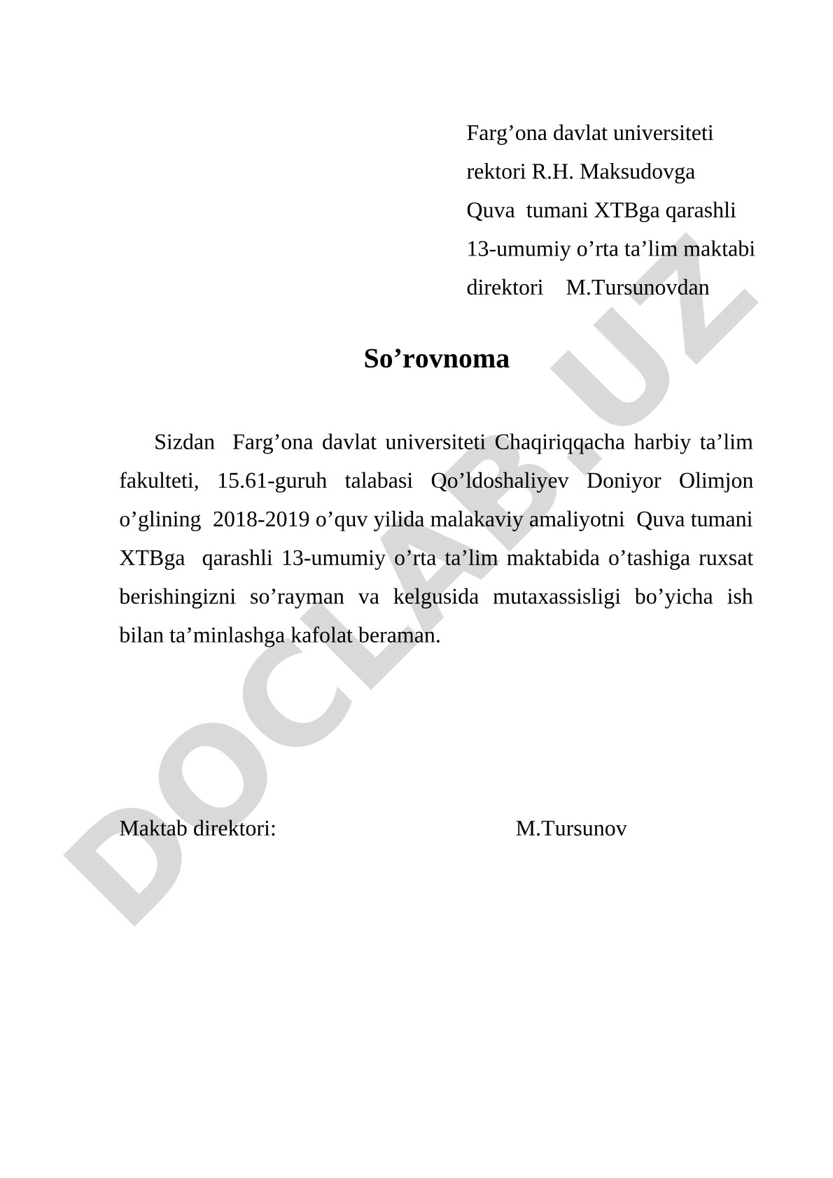 Malakaviy amaliyot o'tash uchun so'rovnoma