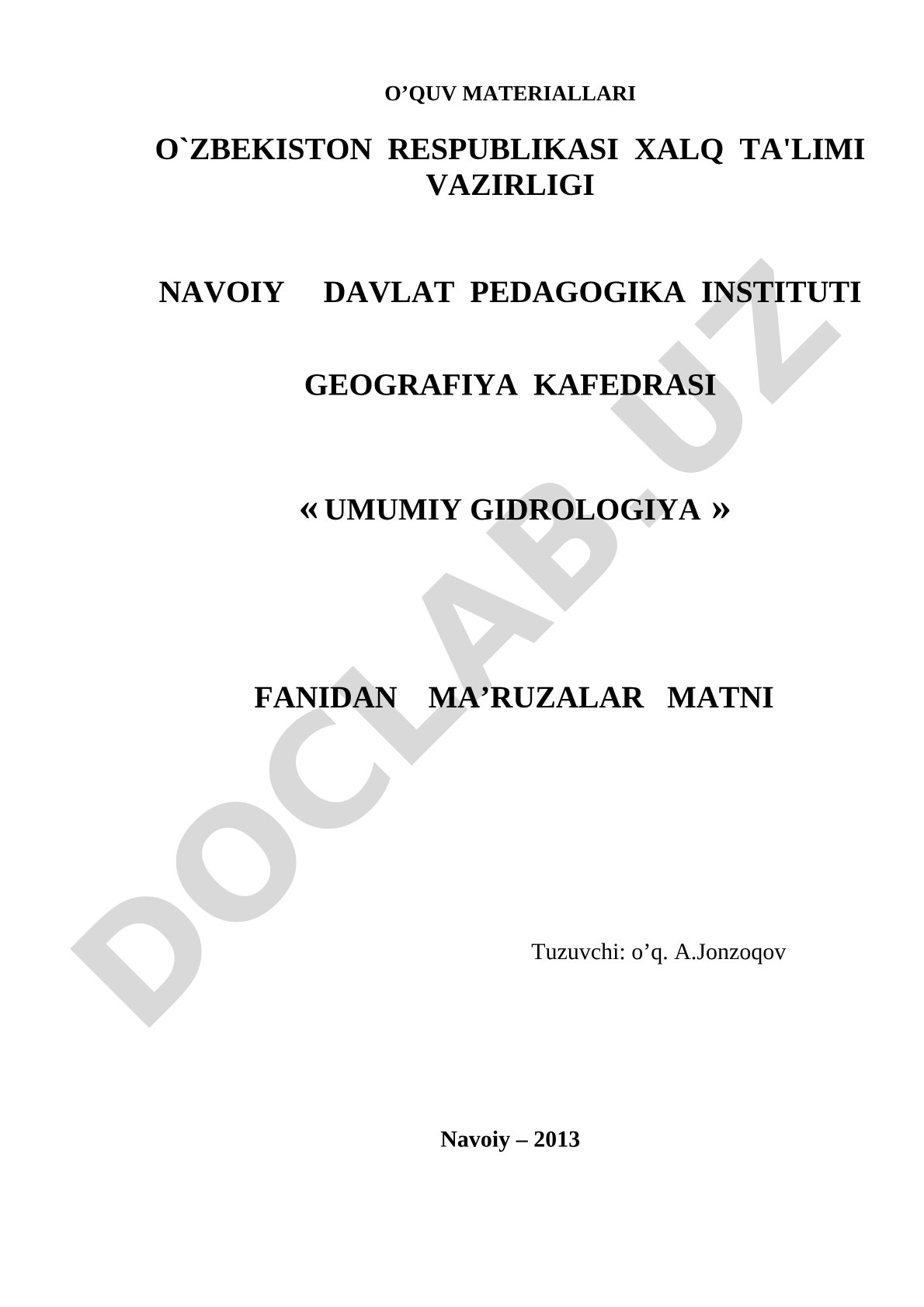 Umumiy gidrologiya fanidan ma'ruzalar matni