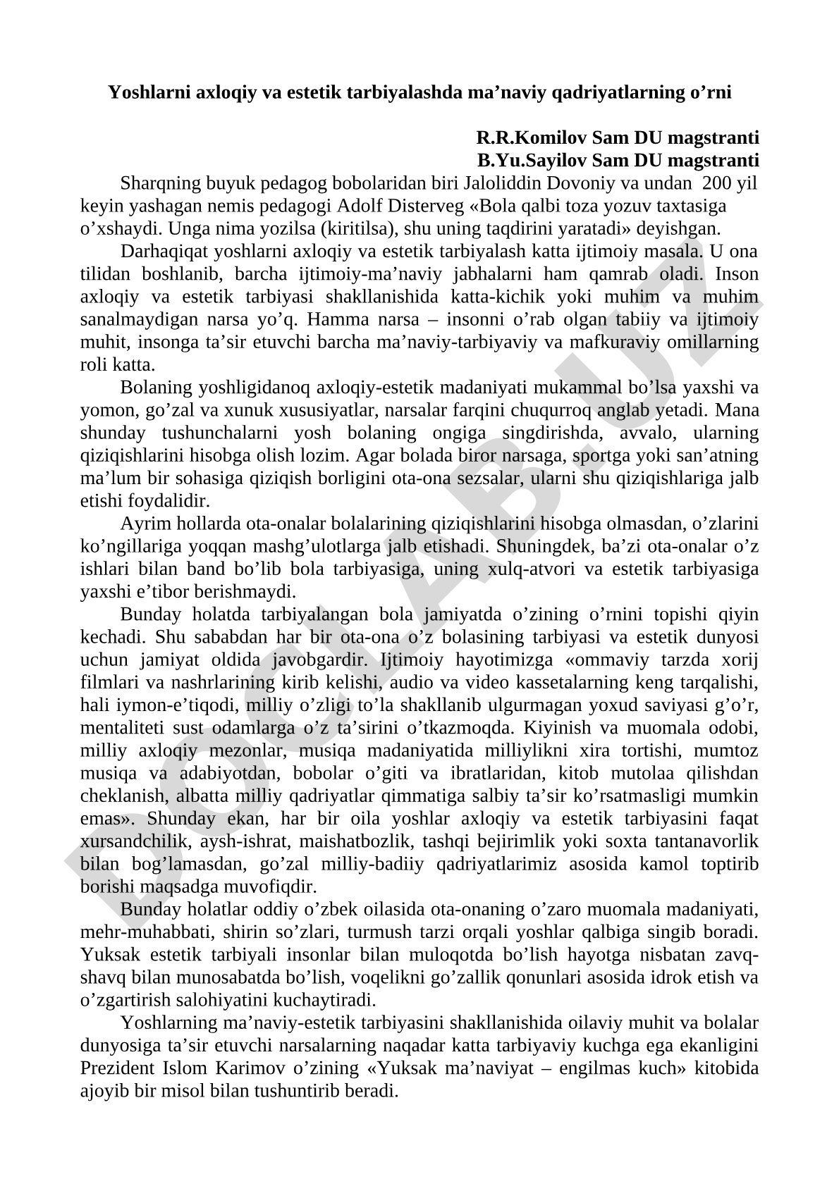 Yoshlarni axloqiy va estetik tarbiyalashda ma’naviy qadriyatlarning o’rni