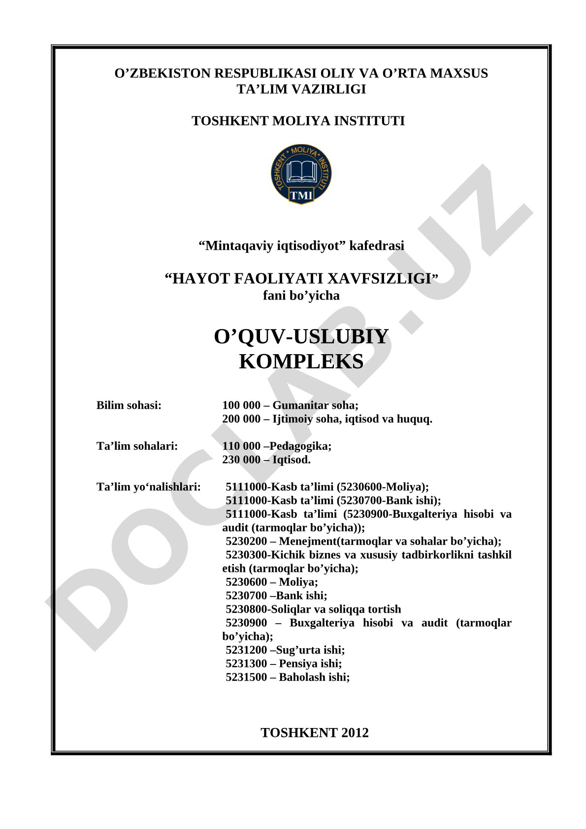 Hayot faoliyati xavfsizligi fanidan o'quv-uslubiy kompleks