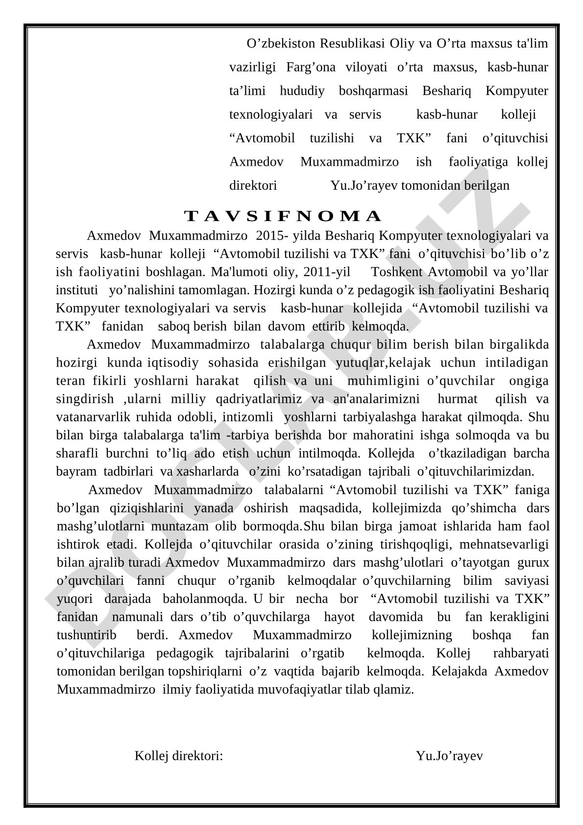 Axmedov Muxammadmirzoning ish faoliyatiga tavsifnoma
