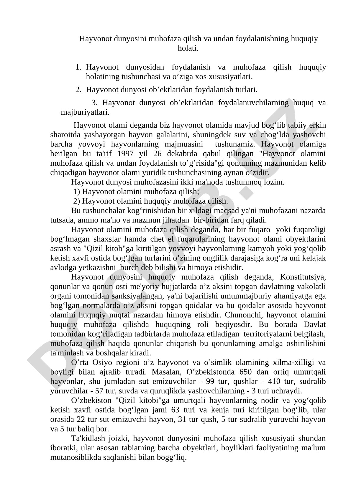 Hayvonot dunyosini muhofaza qilish va undan foydalanishning huquqiy holati