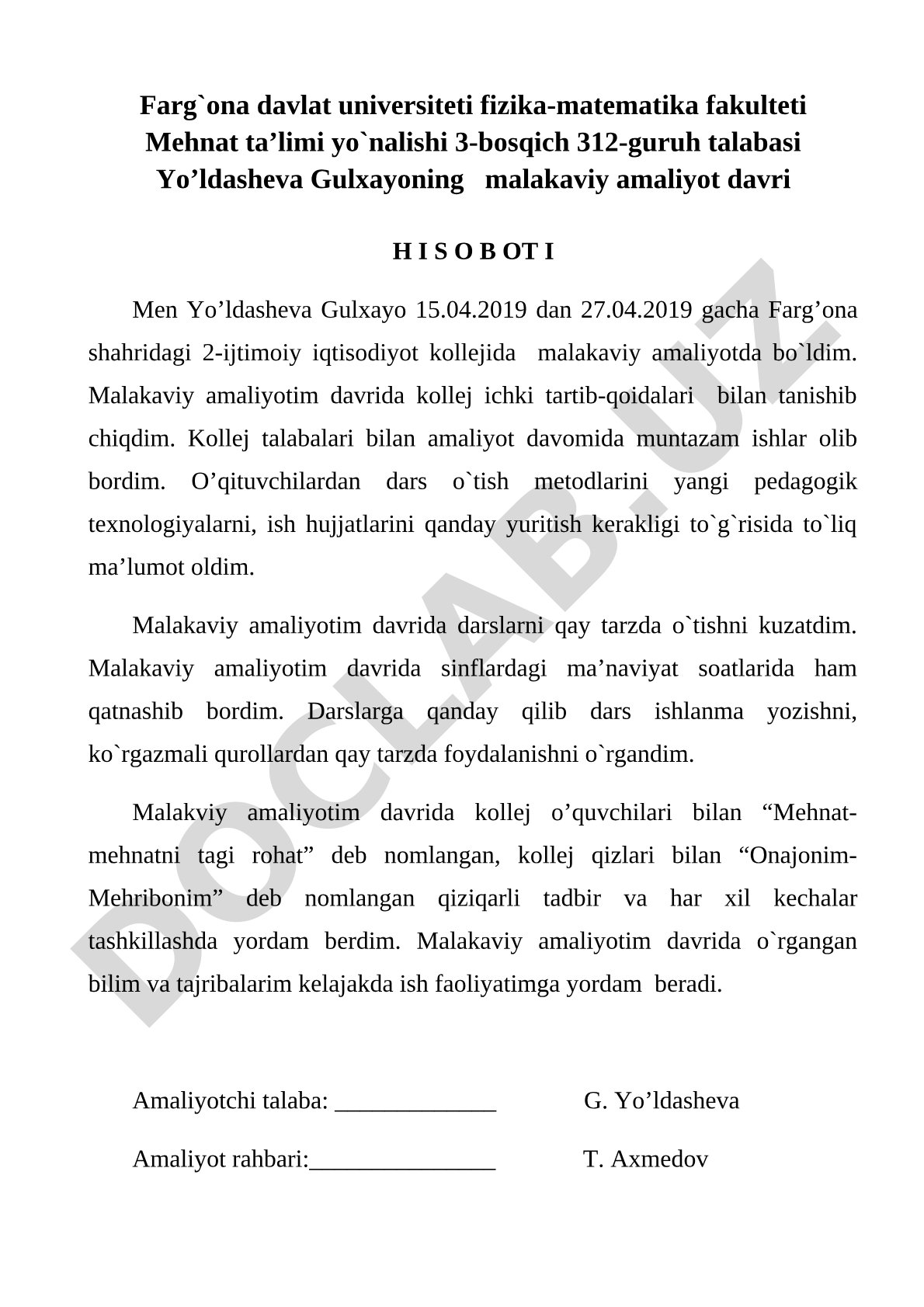 Malakaviy amaliyot hisoboti