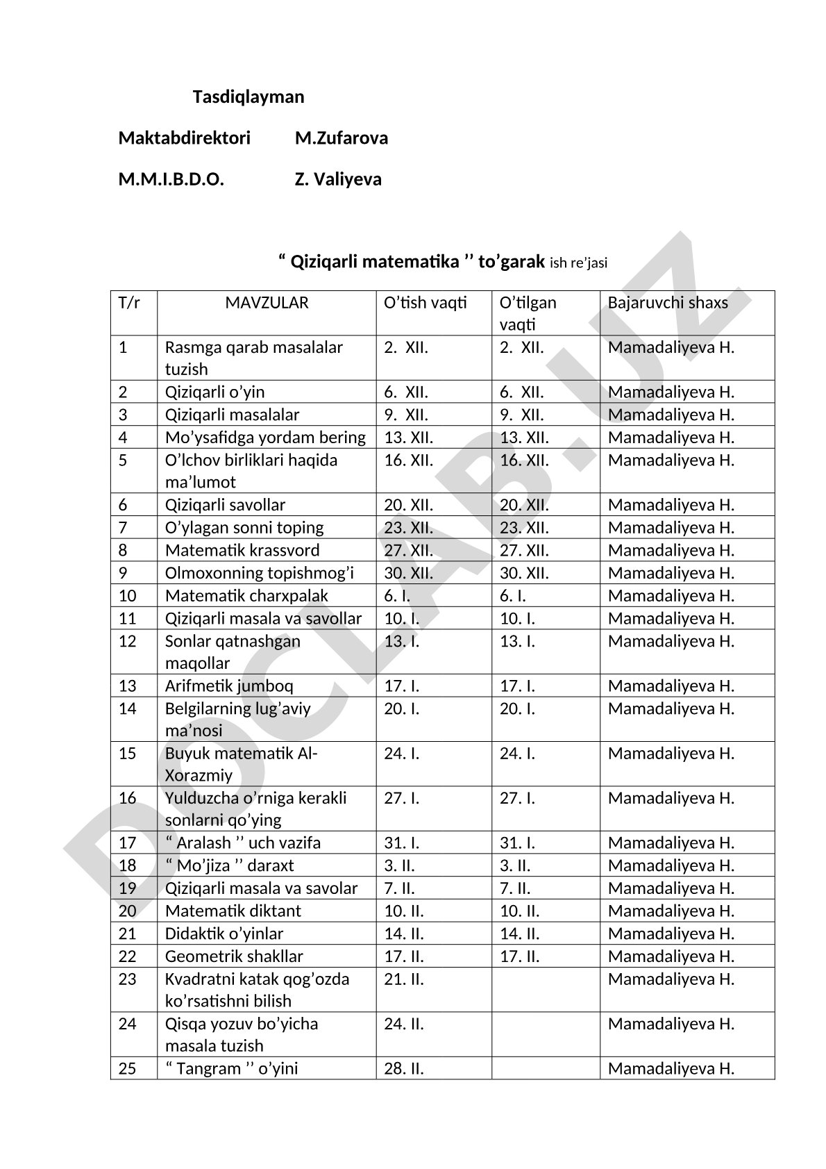 Qiziqarli matematika to'garak ish rejasi