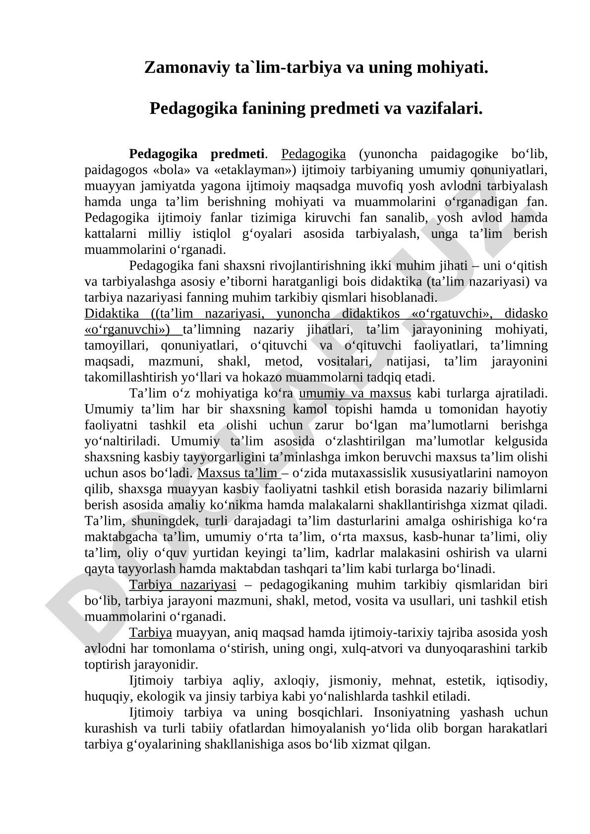 Zamonaviy ta'lim-tarbiya va pedagogika fanining predmeti