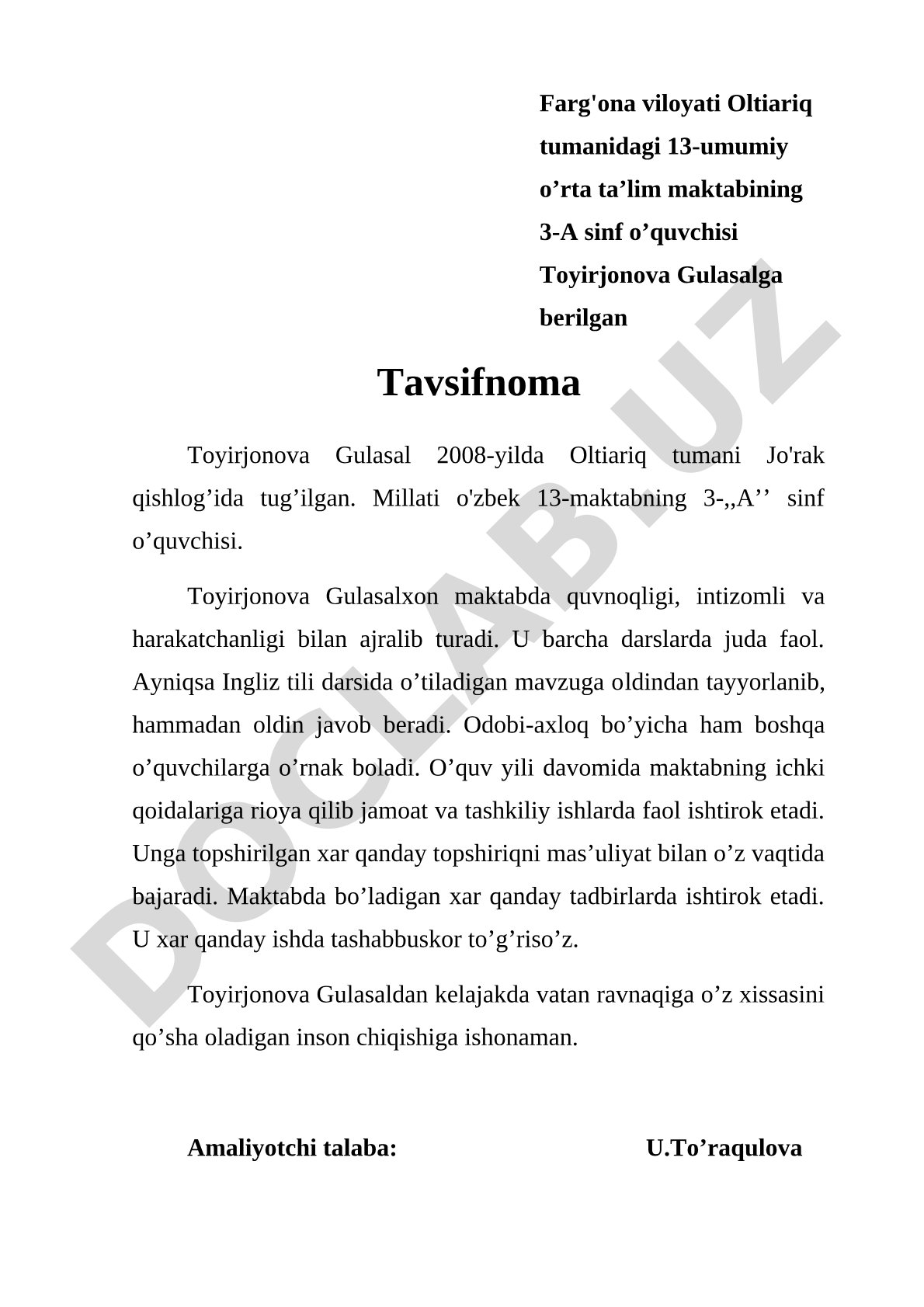 Toyirjonova Gulasalga berilgan tavsifnoma