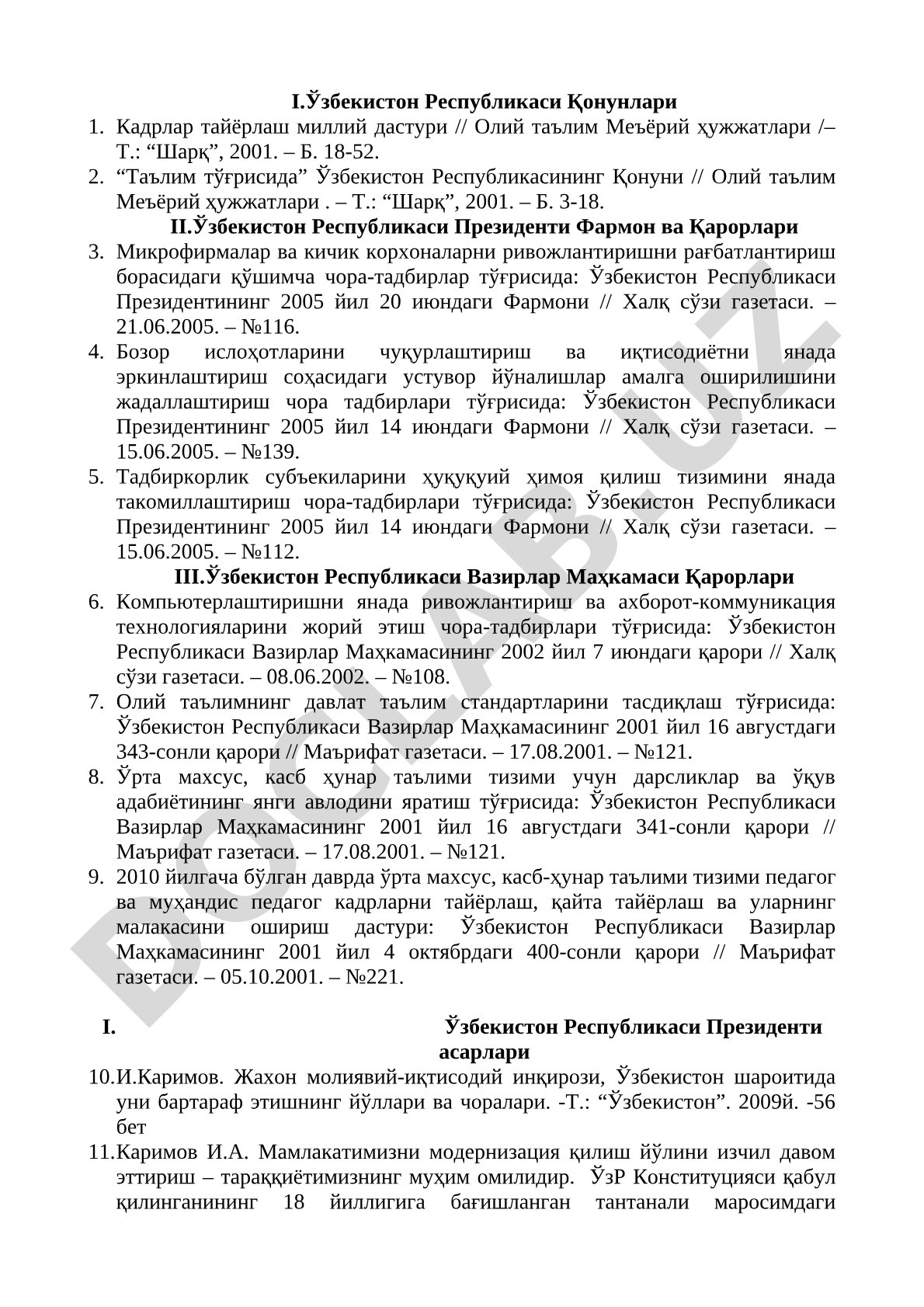 O'zbekiston Respublikasi Qonunlari va Prezident Farmonlari