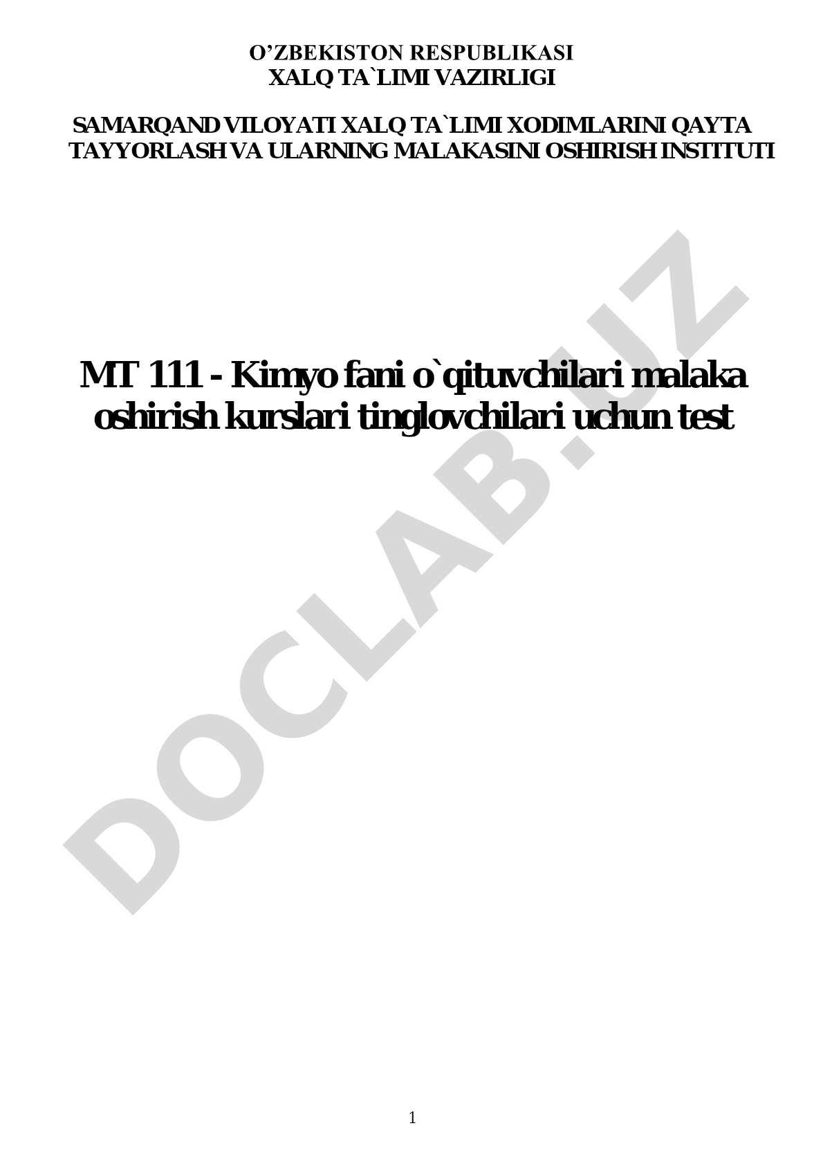 Kimyo fani o'qituvchilari malaka oshirish kurslari test savollari