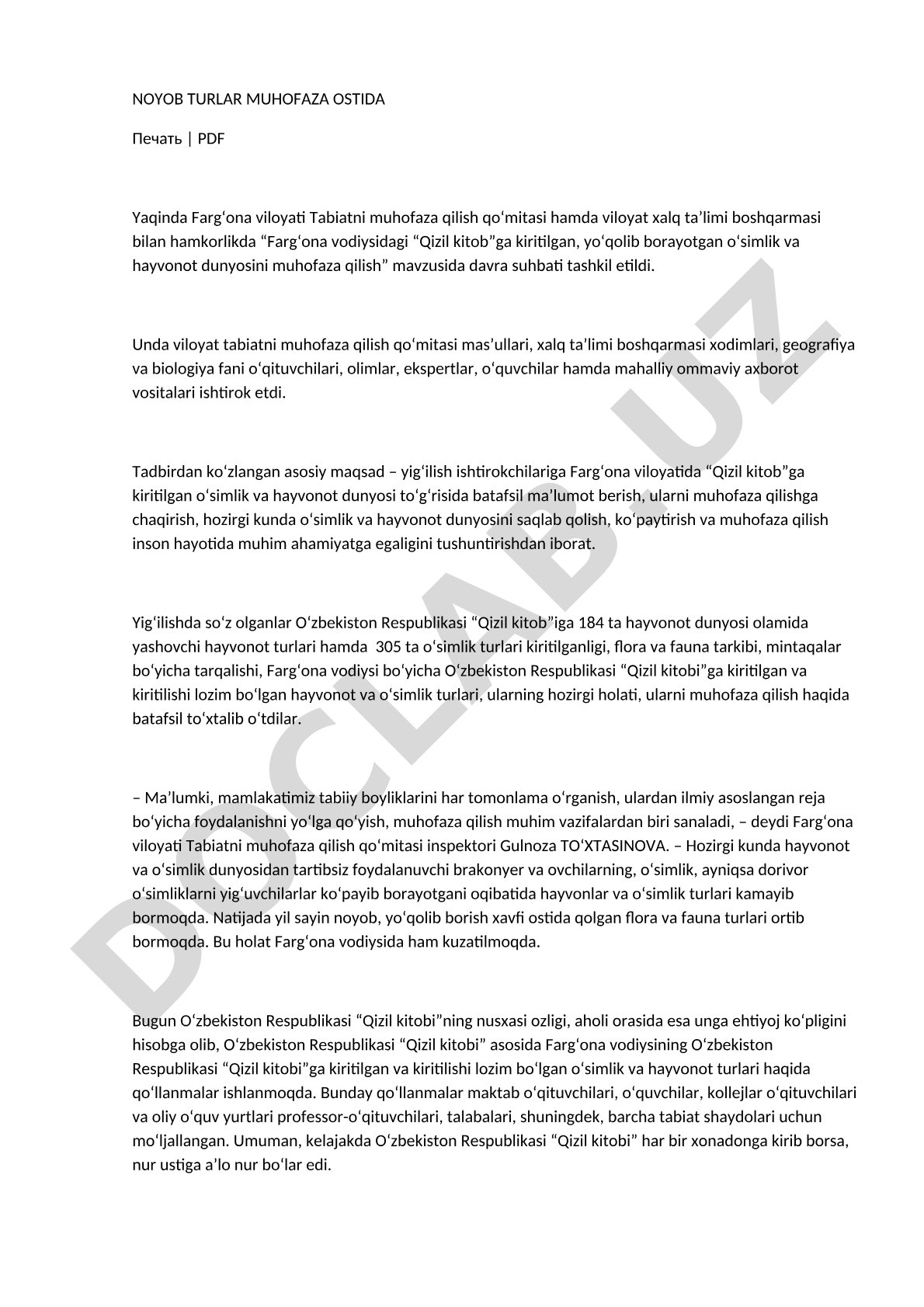 Farg‘ona vodiysidagi “Qizil kitob”ga kiritilgan, yo‘qolib borayotgan o‘simlik va hayvonot dunyosini muhofaza qilish