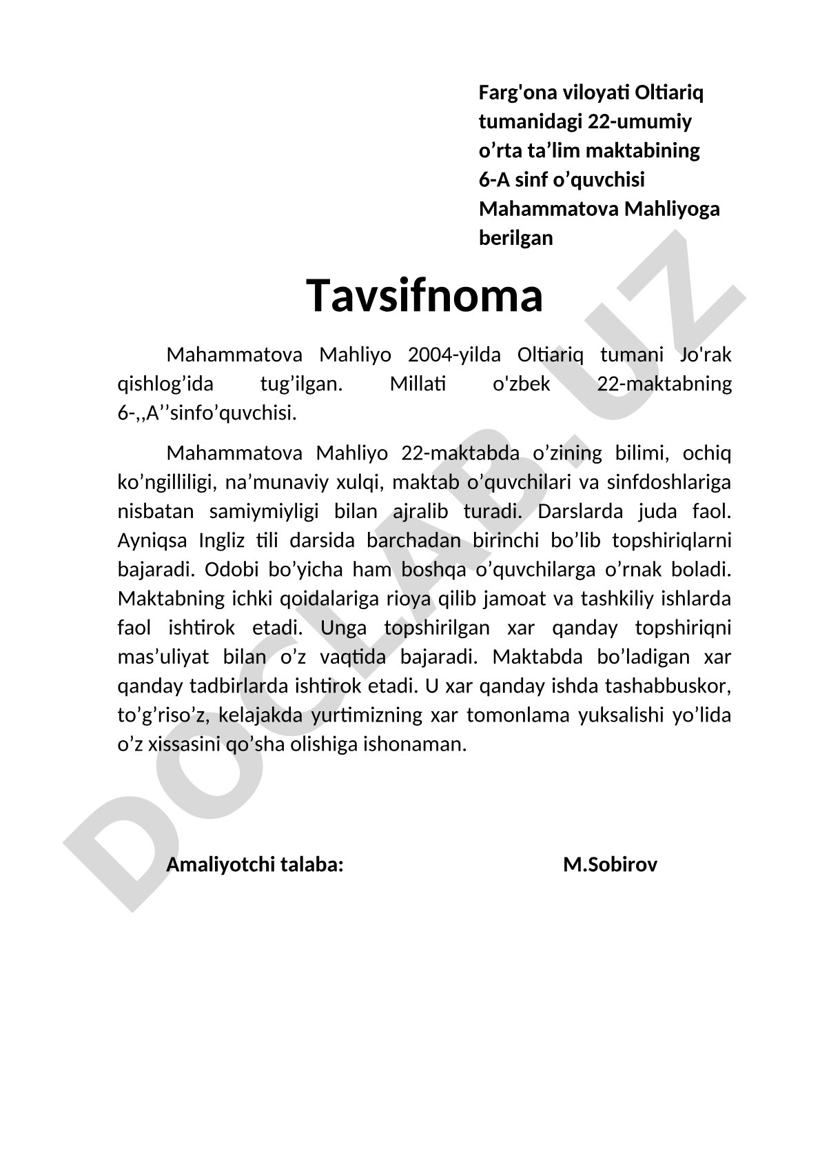 Mahammatova Mahliyoga tavsifnoma