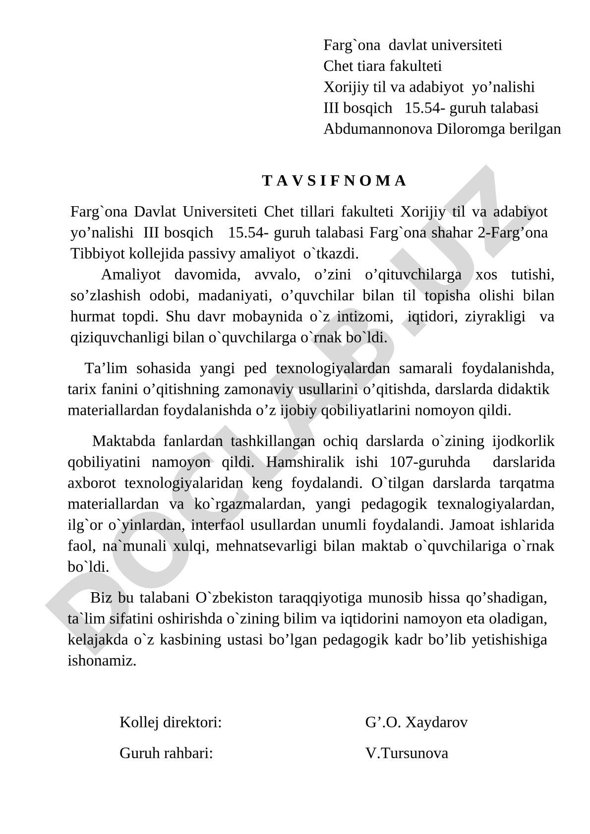 Abdumannonova Diloromga berilgan tavsifnoma