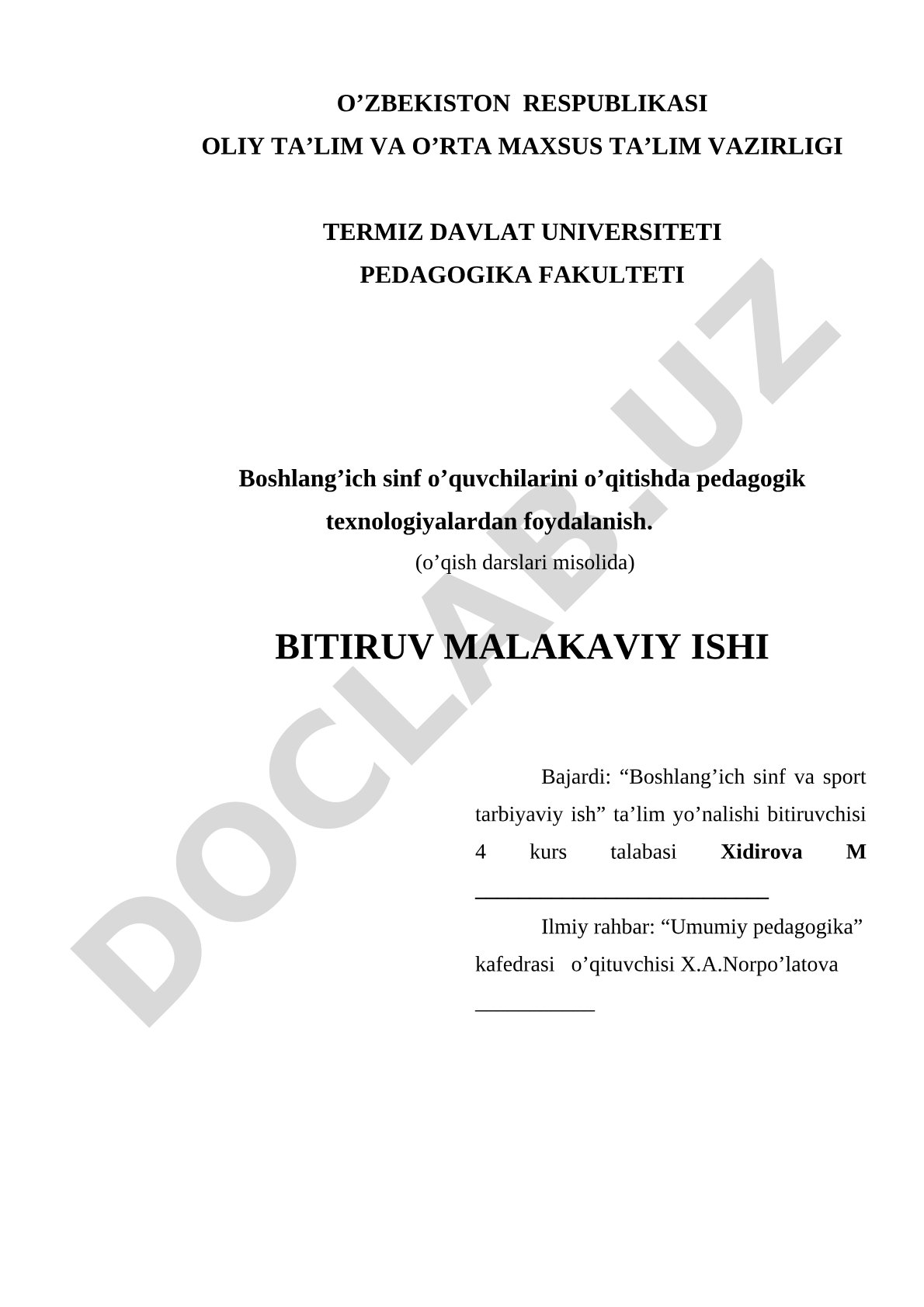 Boshlang'ich sinf o'quvchilarini o'qitishda pedagogik texnologiyalardan foydalanish (o'qish darslari misolida)