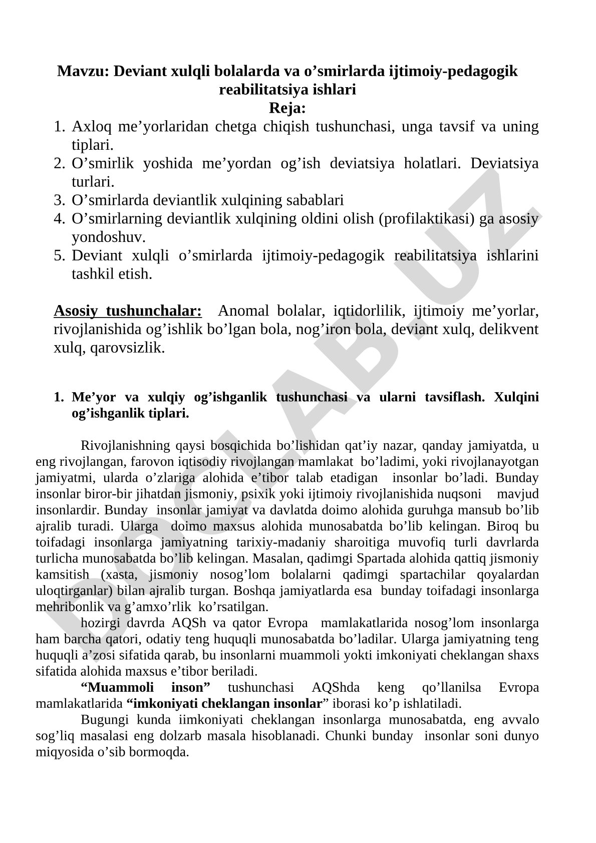 Deviant xulqli bolalarda va o'smirlarda ijtimoiy-pedagogik reabilitatsiya ishlari