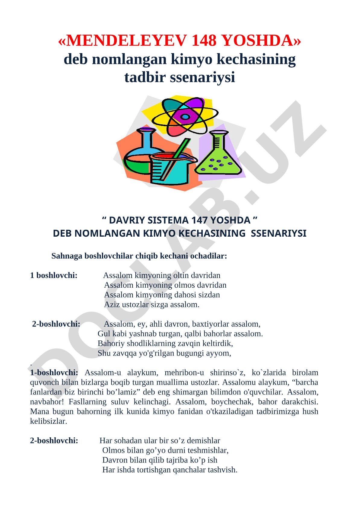 Mendeleyev 148 yoshda kimyo kechasi tadbir ssenariysi