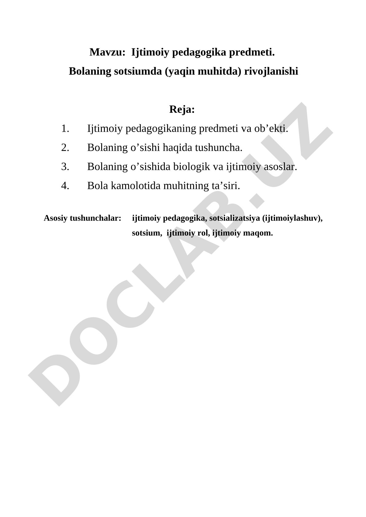 Ijtimoiy pedagogika predmeti. Bolaning sotsiumda rivojlanishi