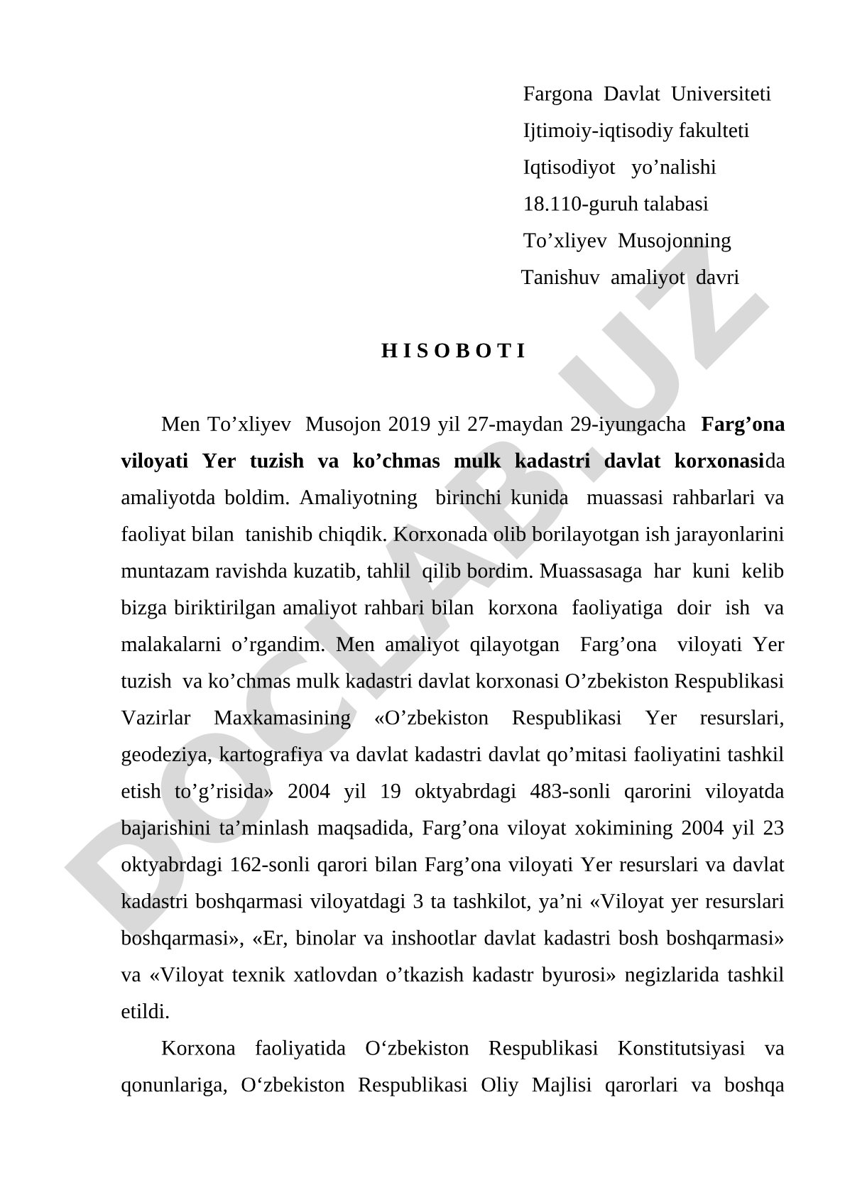Tanishuv amaliyot davri hisoboti