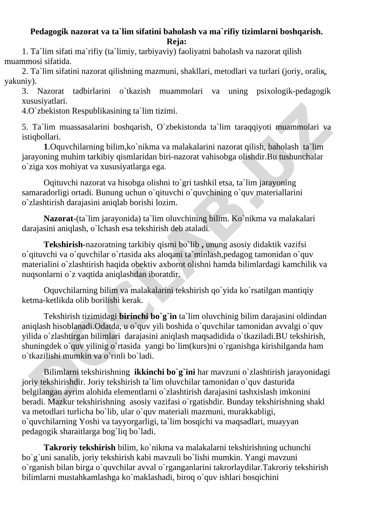 Pedagogik nazorat va ta'lim sifatini baholash