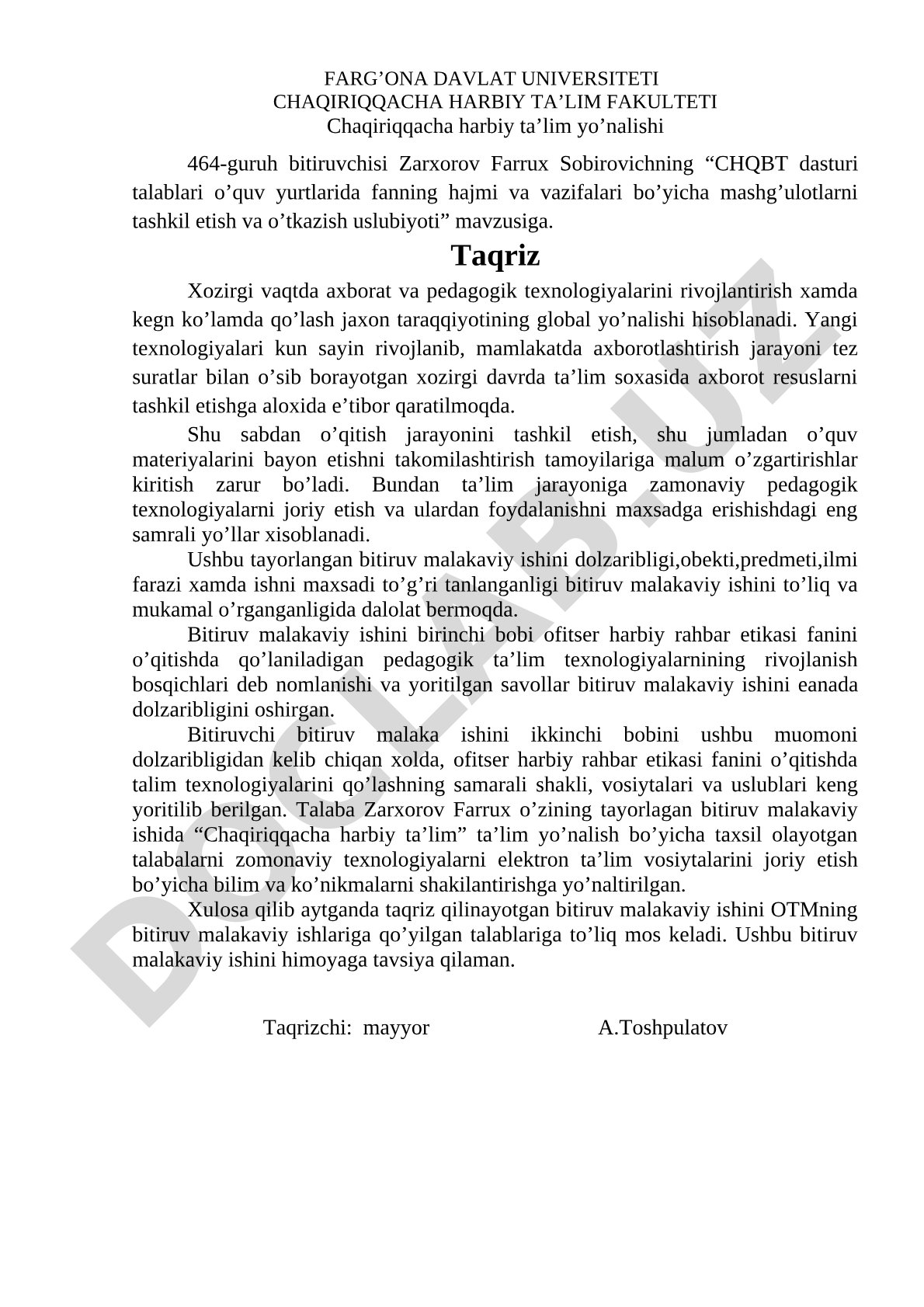 CHQBT dasturi talablari o'quv yurtlarida fanning hajmi va vazifalari bo'yicha mashg'ulotlarni tashkil etish va o'tkazish uslubiyoti