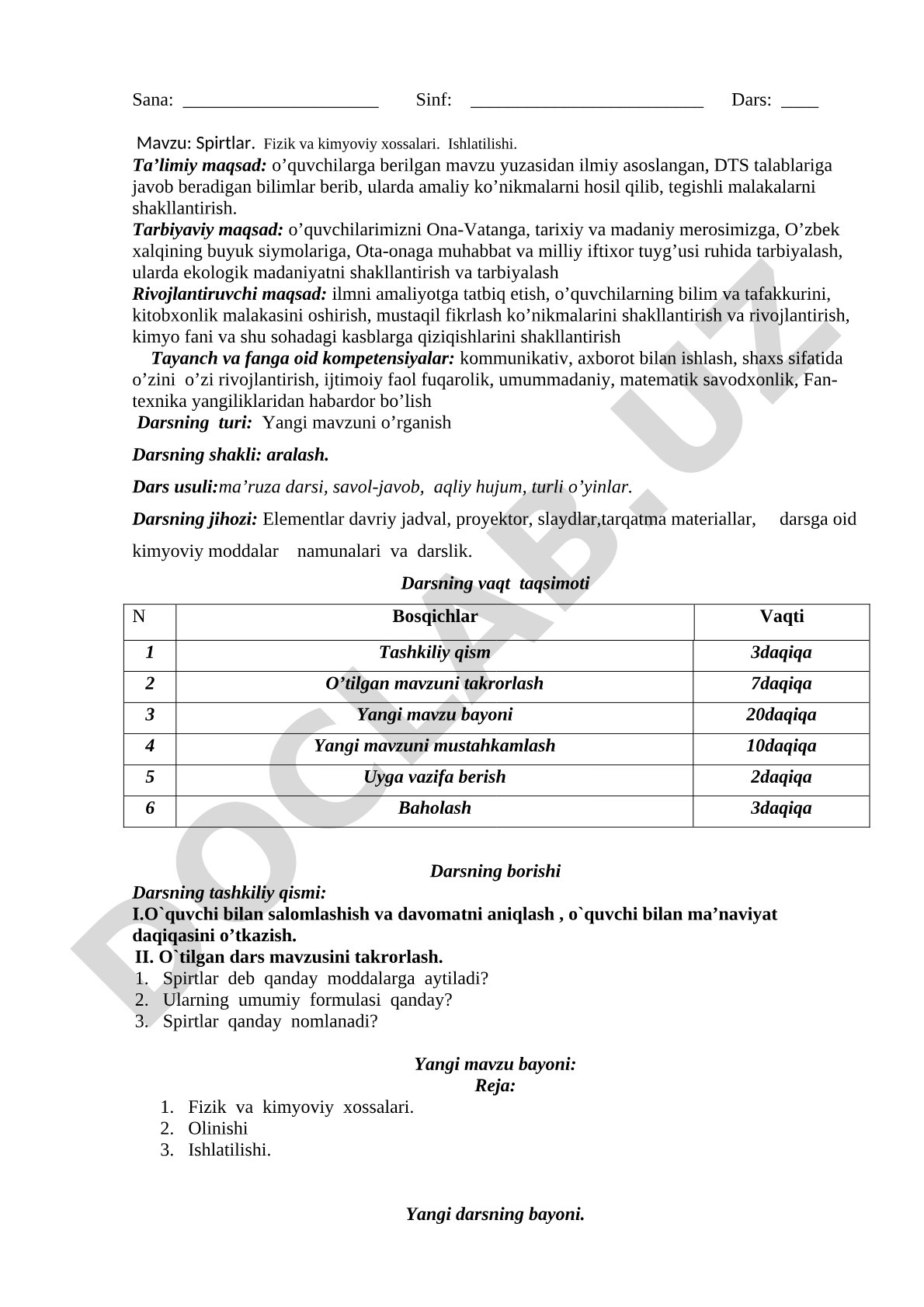 Spirtlar. Fizik va kimyoviy xossalari. Ishlatilishi.