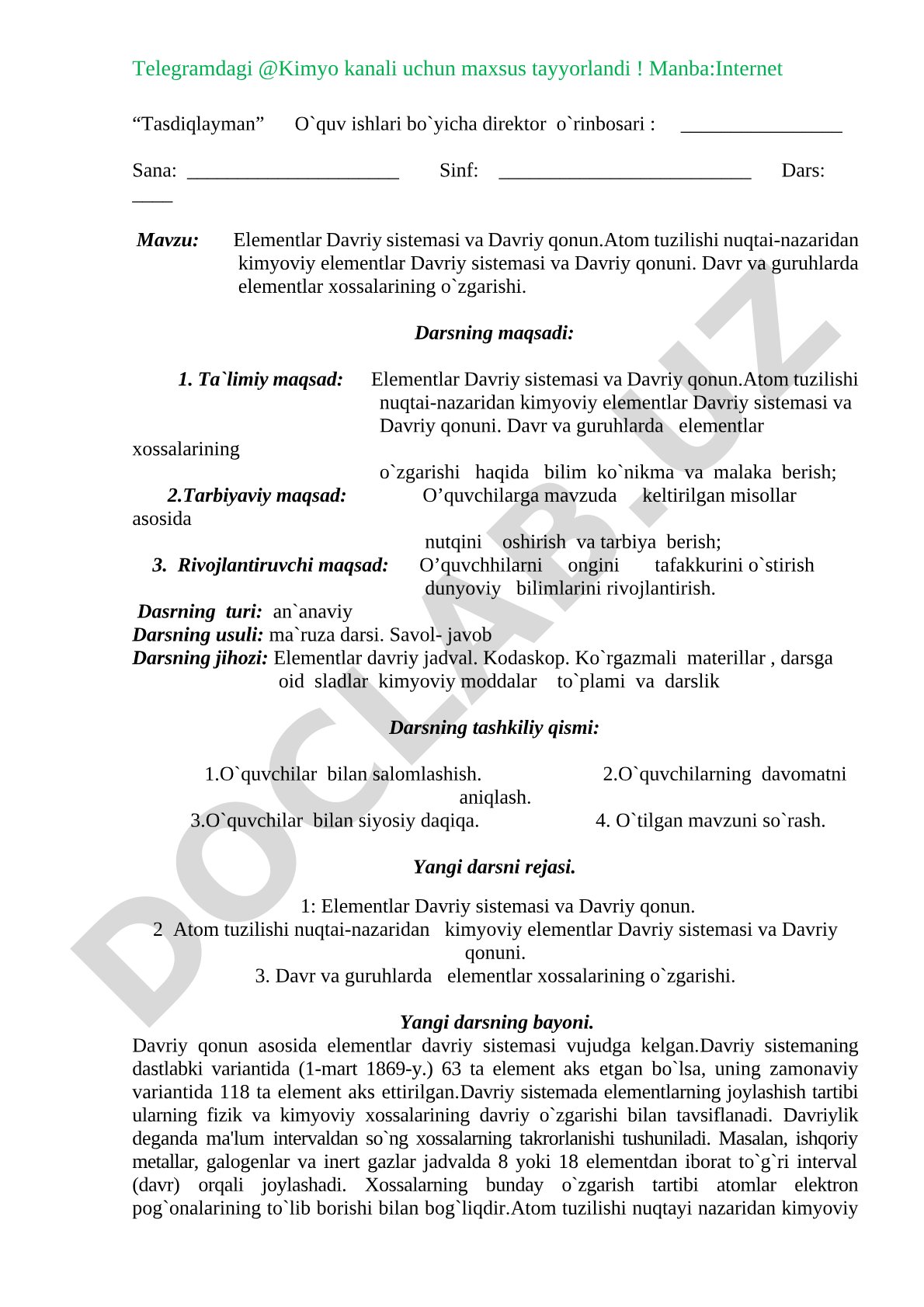 Elementlar Davriy sistemasi va Davriy qonun. Atom tuzilishi nuqtai-nazaridan kimyoviy elementlar Davriy sistemasi va Davriy qonuni. Davr va guruhlarda elementlar xossalarining o'zgarishi